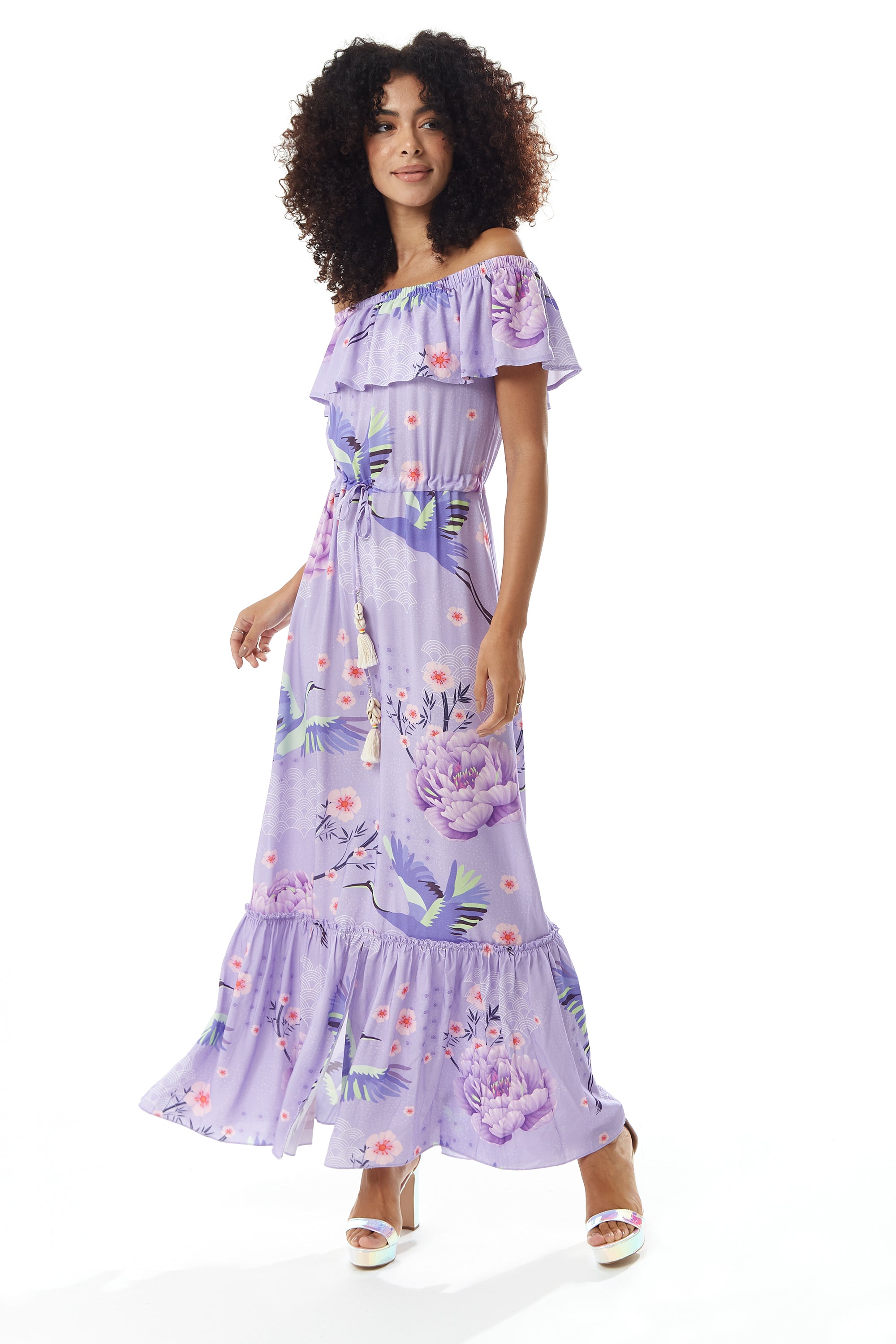 Lilac Floral Off Shoulder Maxi Dress