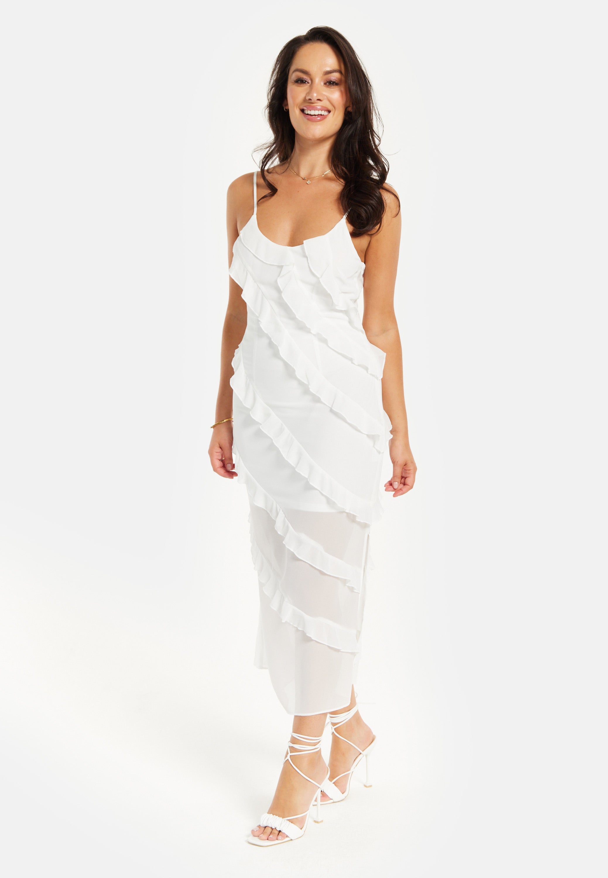 Women's Midi Dress with Adjustable Sleeves in White - Elegant Frill Design by Liquorish