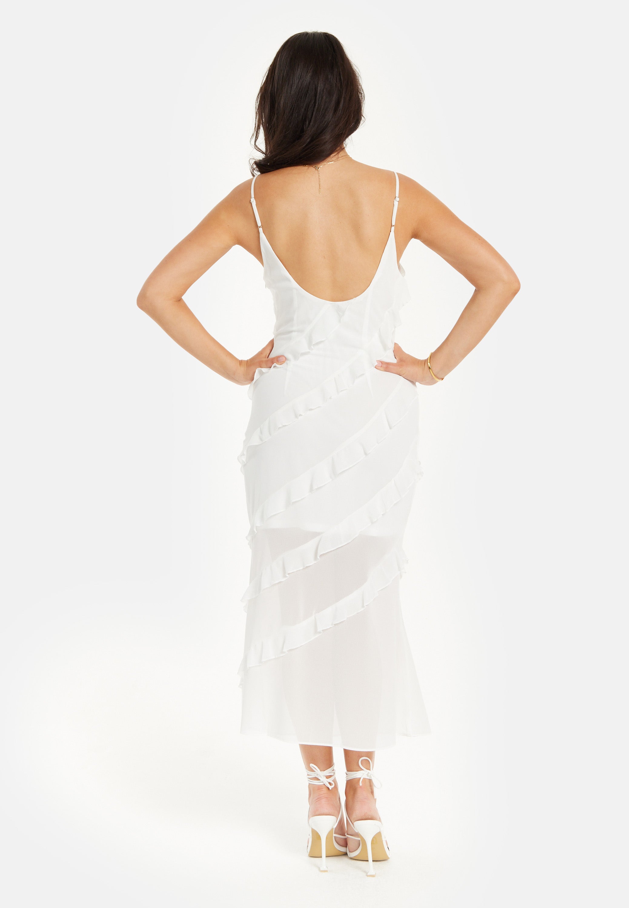Women's Midi Dress with Adjustable Sleeves in White - Elegant Frill Design by Liquorish