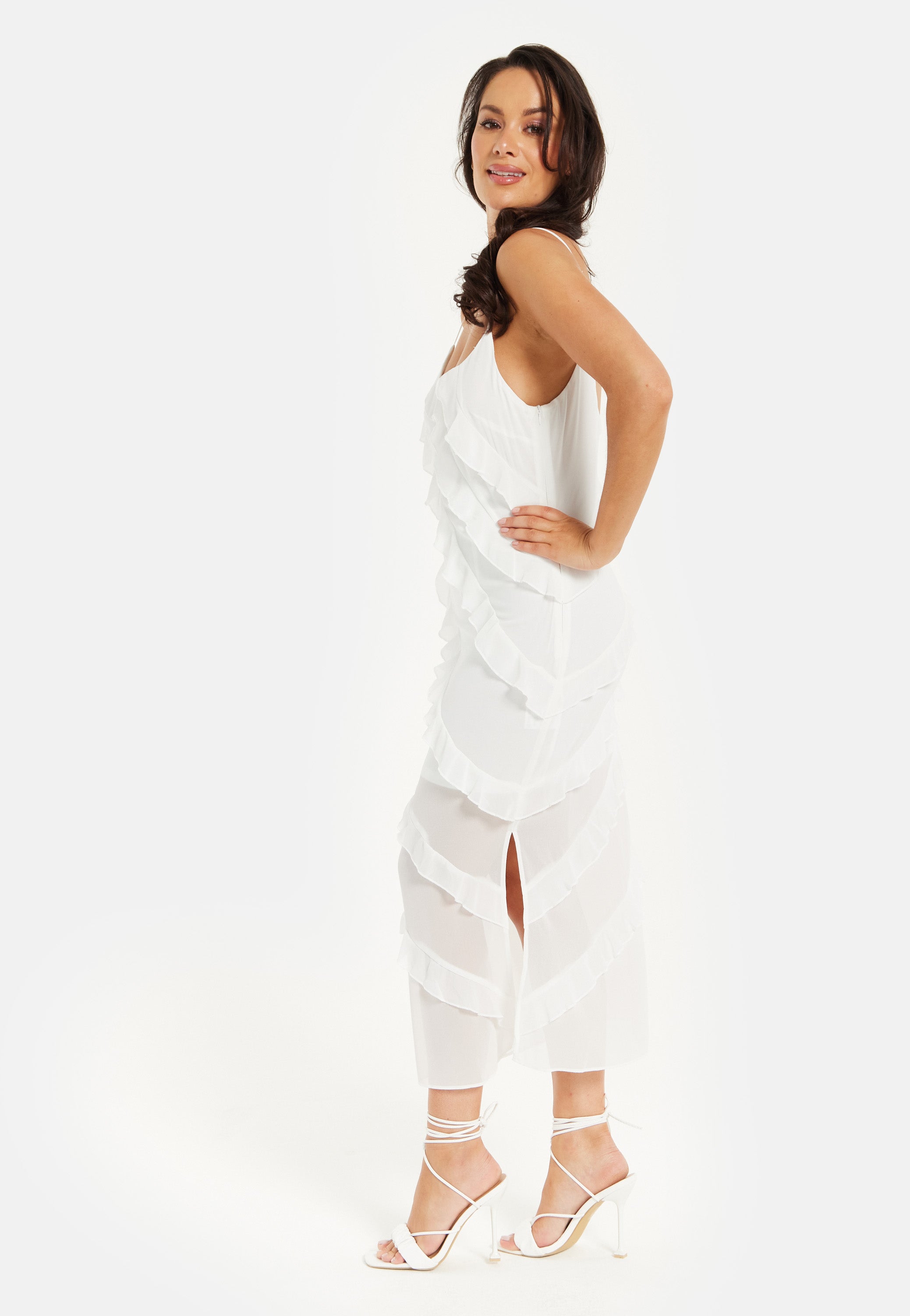 Women's Midi Dress with Adjustable Sleeves in White - Elegant Frill Design by Liquorish