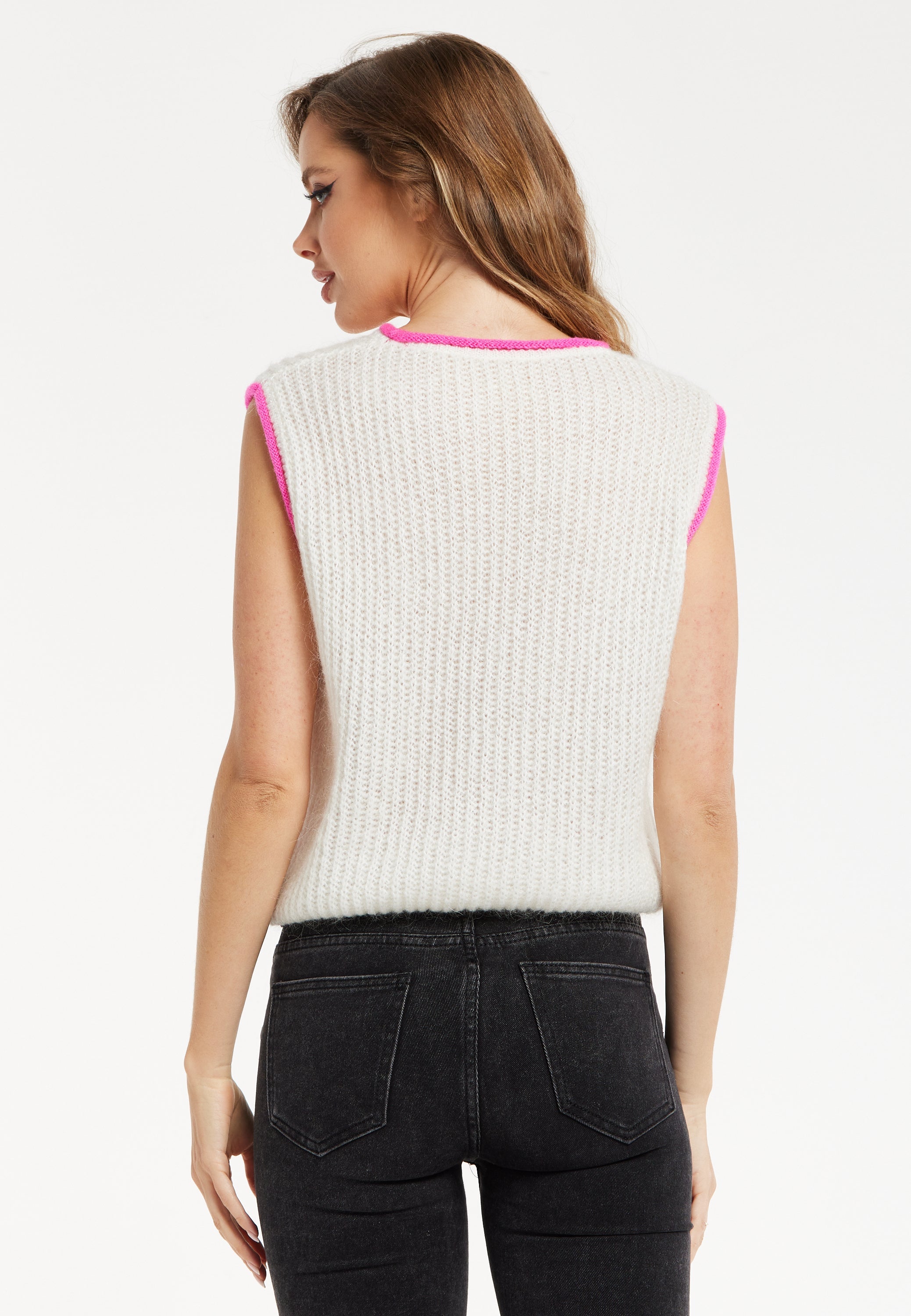 Women's Super Soft Sleeveless Ribbed Knit Sweater Vest - White & Pink with Contrast Trim for Versatile Styling