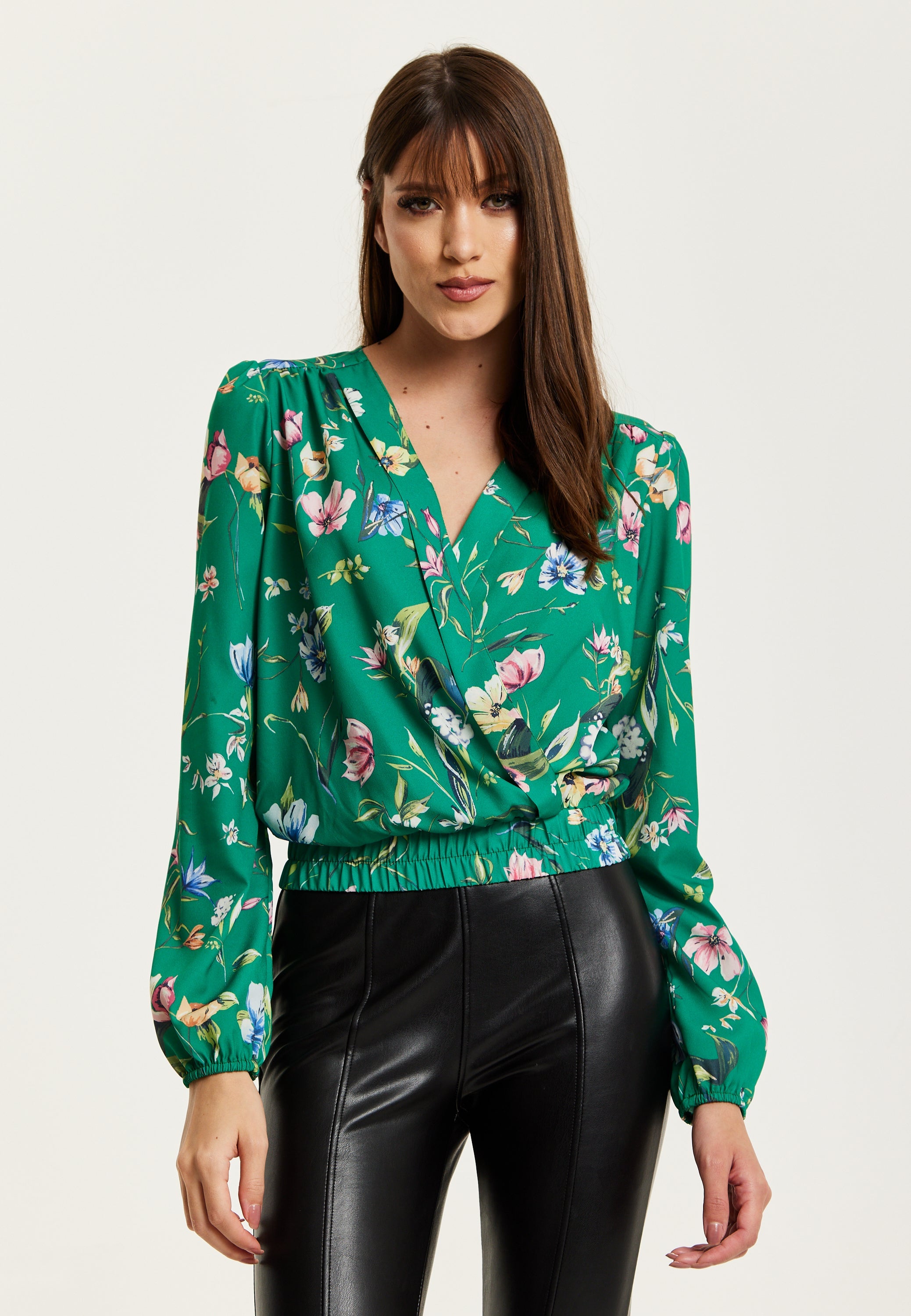 Women's Green Floral Print Long Sleeve Wrap Top with Crossover V Neck and Elasticated Waist