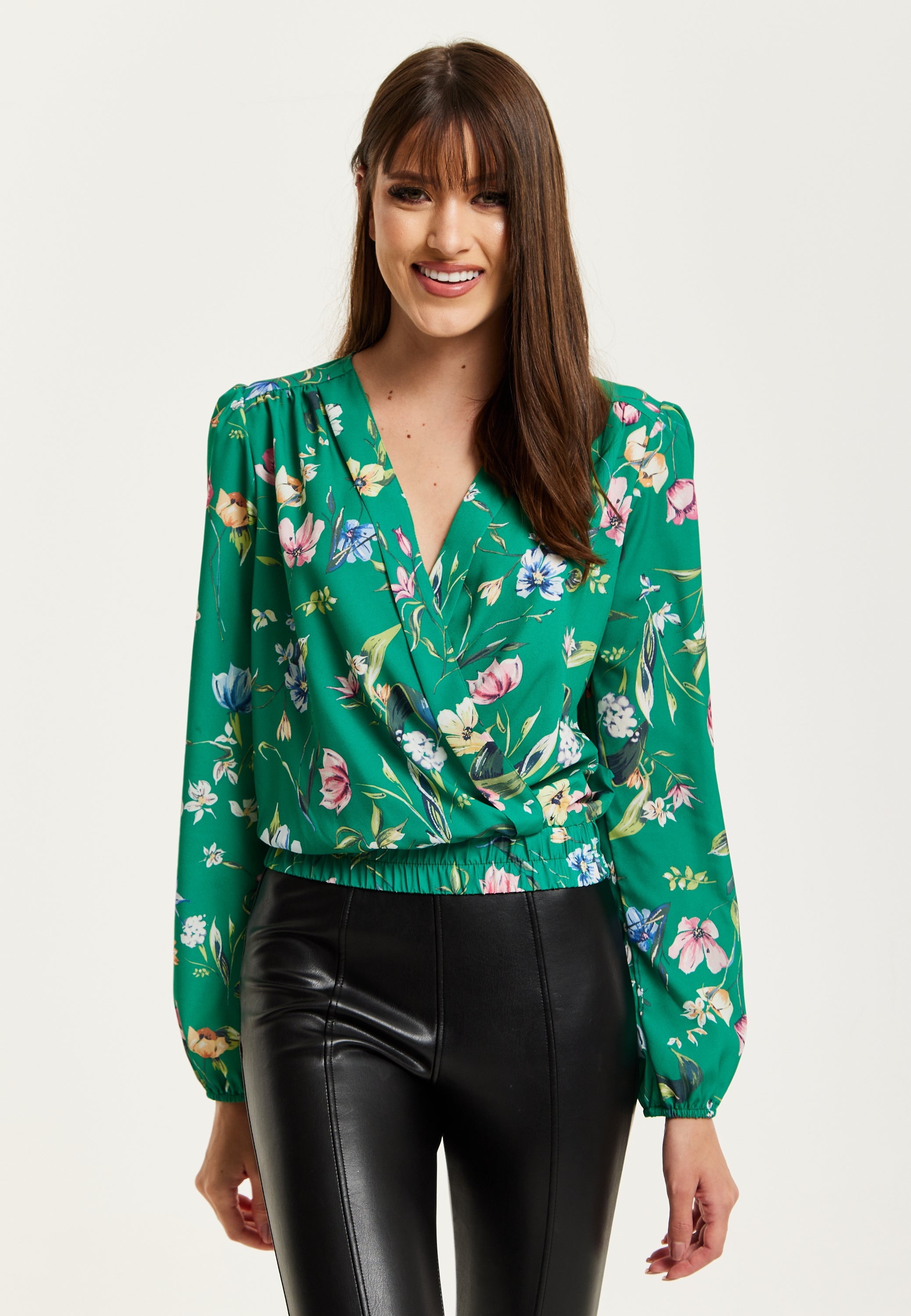 Women's Green Floral Print Long Sleeve Wrap Top with Crossover V Neck and Elasticated Waist