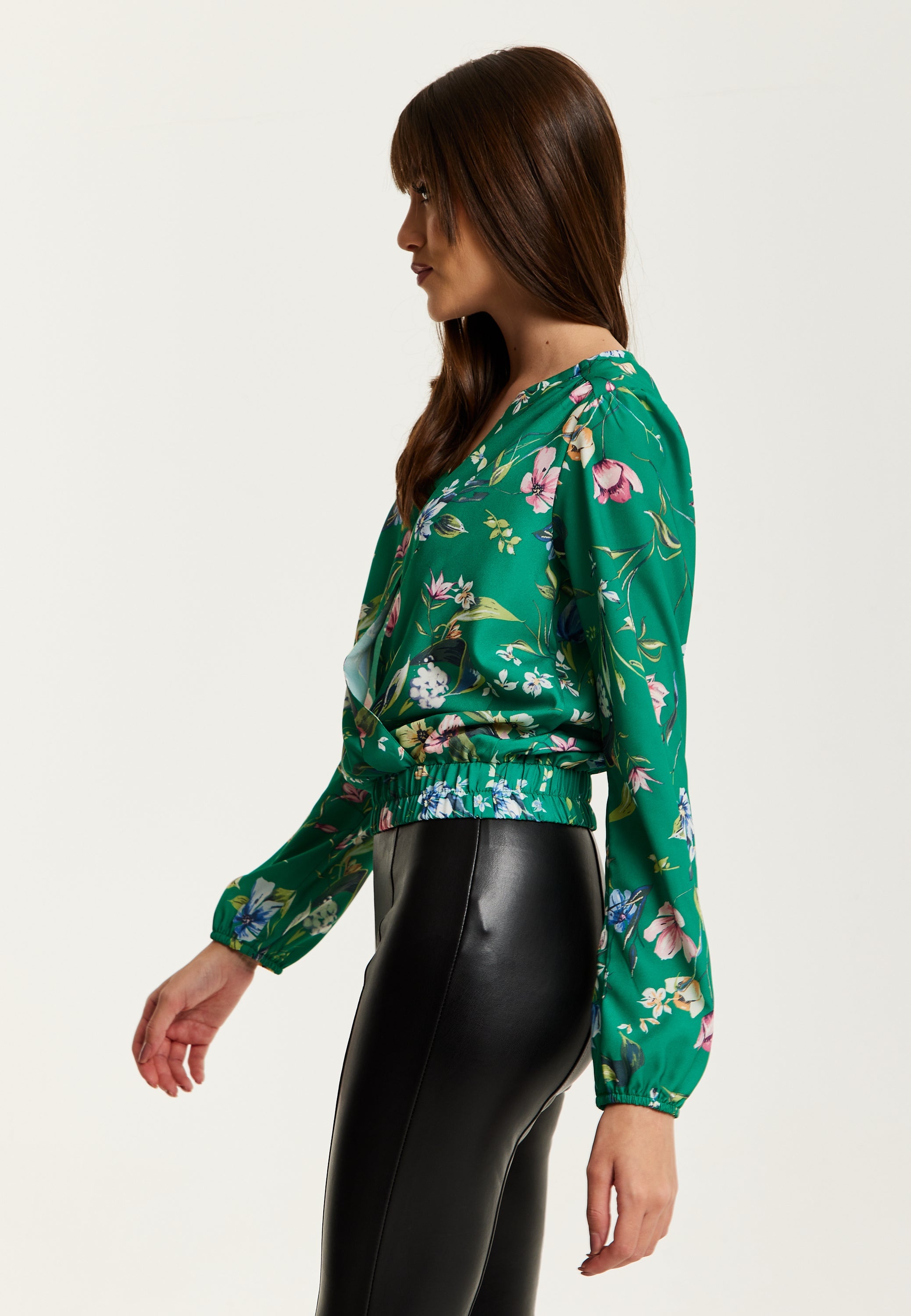 Women's Green Floral Print Long Sleeve Wrap Top with Crossover V Neck and Elasticated Waist