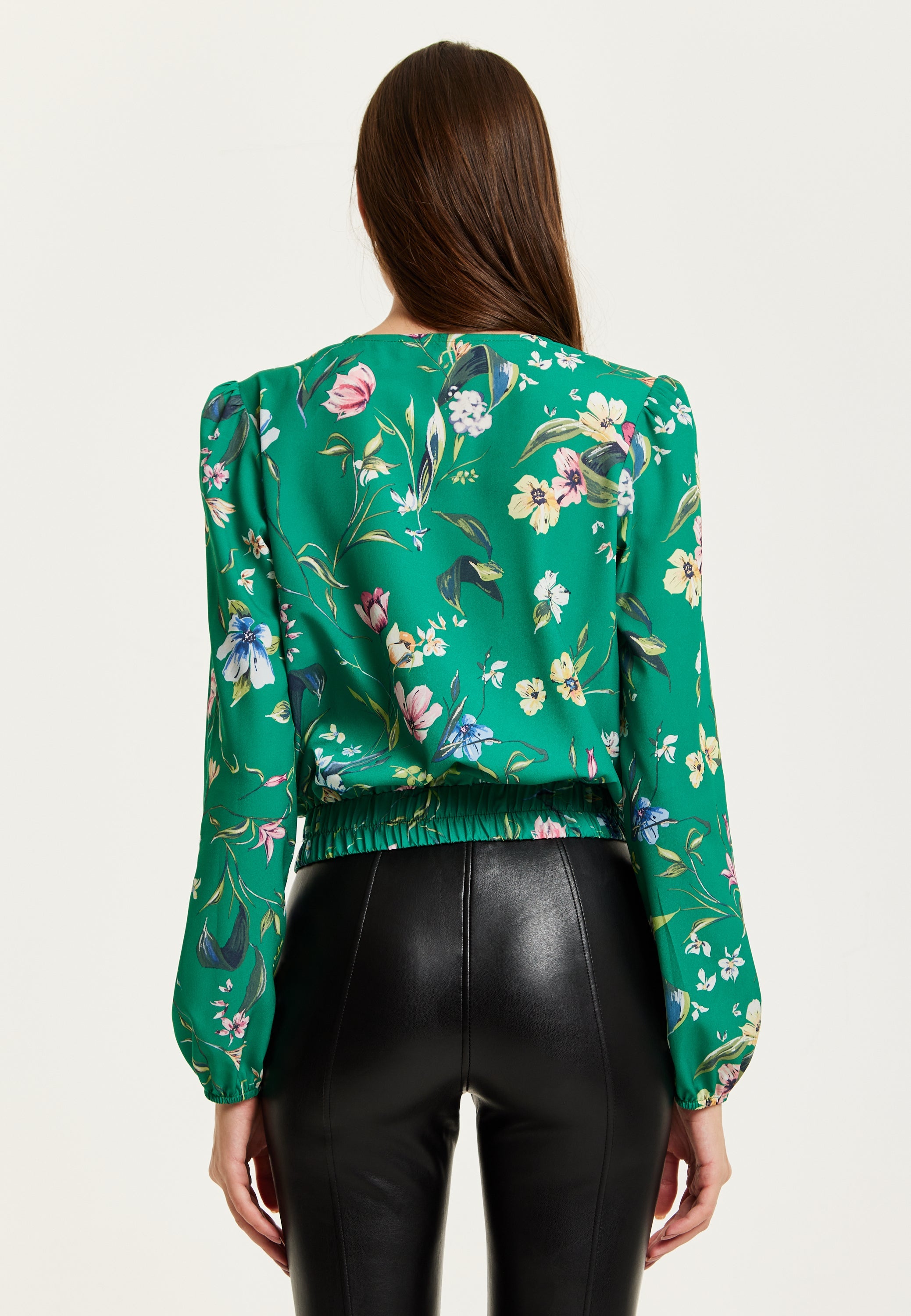 Women's Green Floral Print Long Sleeve Wrap Top with Crossover V Neck and Elasticated Waist