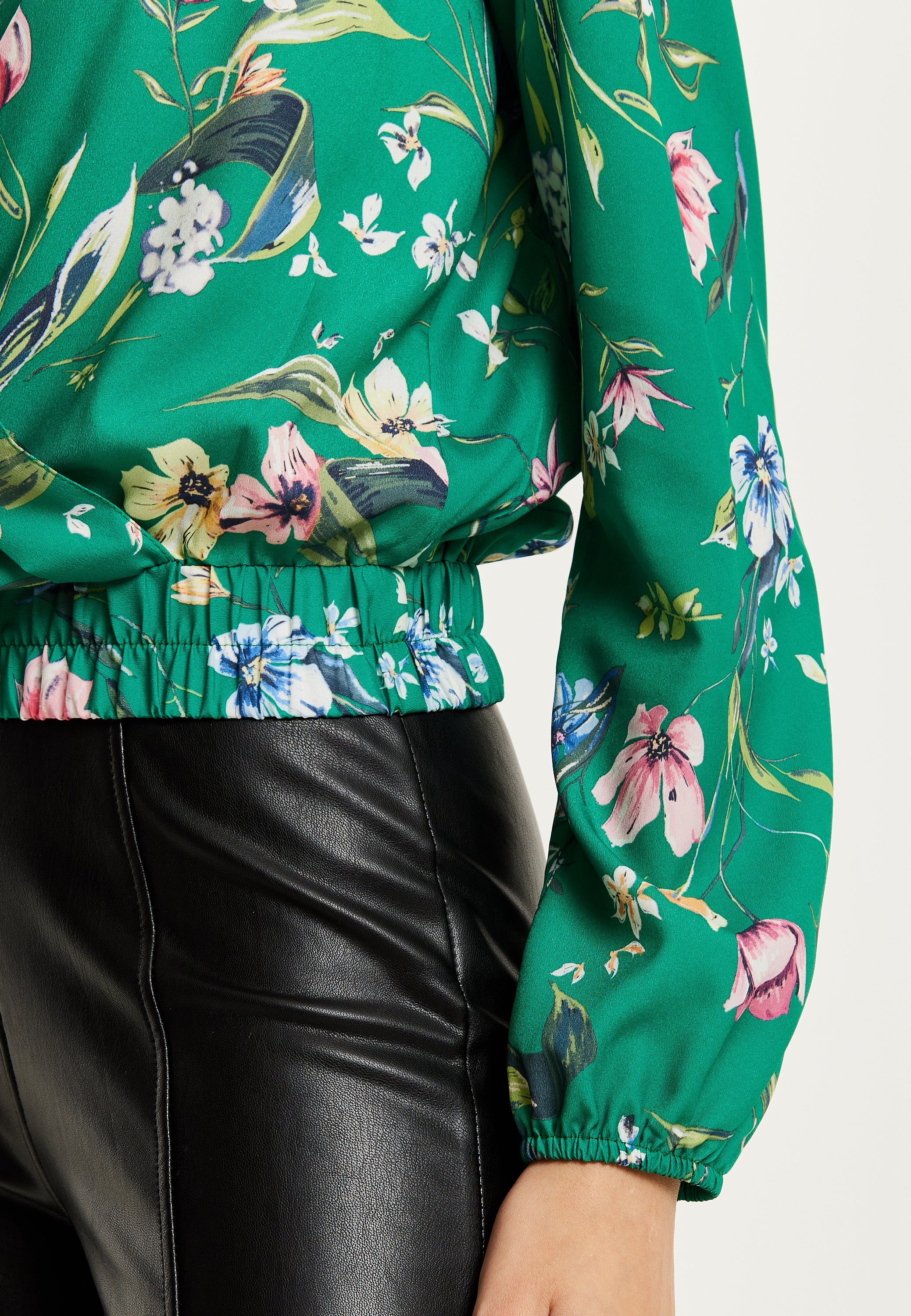 Women's Green Floral Print Long Sleeve Wrap Top with Crossover V Neck and Elasticated Waist