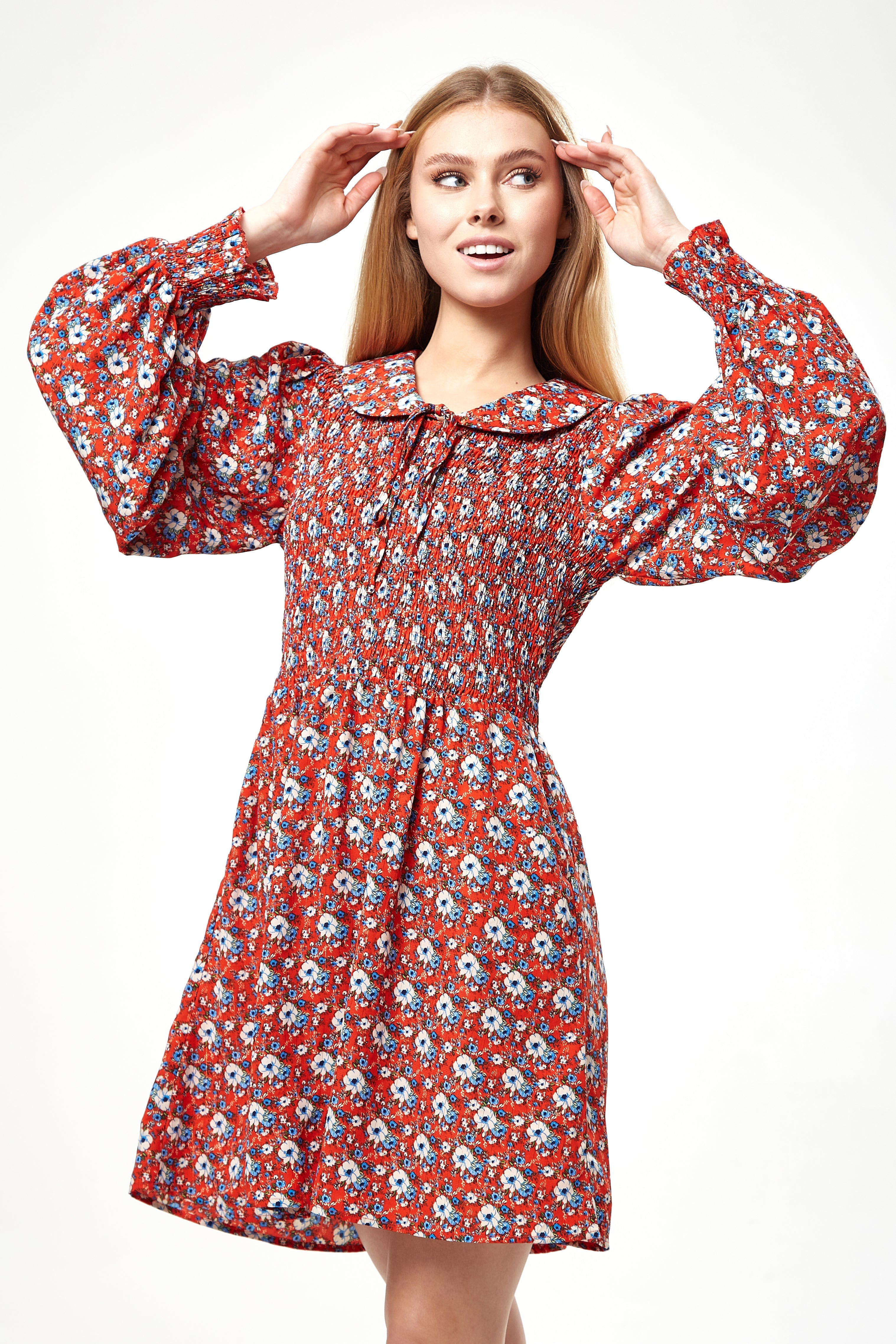 Women's Mini Dress in Red with Balloon Sleeves and Peter Pan Collar - Charming Floral Print by Liquorish