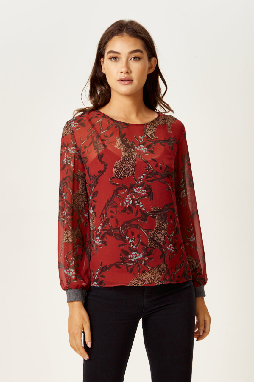 Women's Long Sleeve Red Leopard Print Top with Grey Elasticated Cuffs - Regular Fit, Perfect for Casual Wear