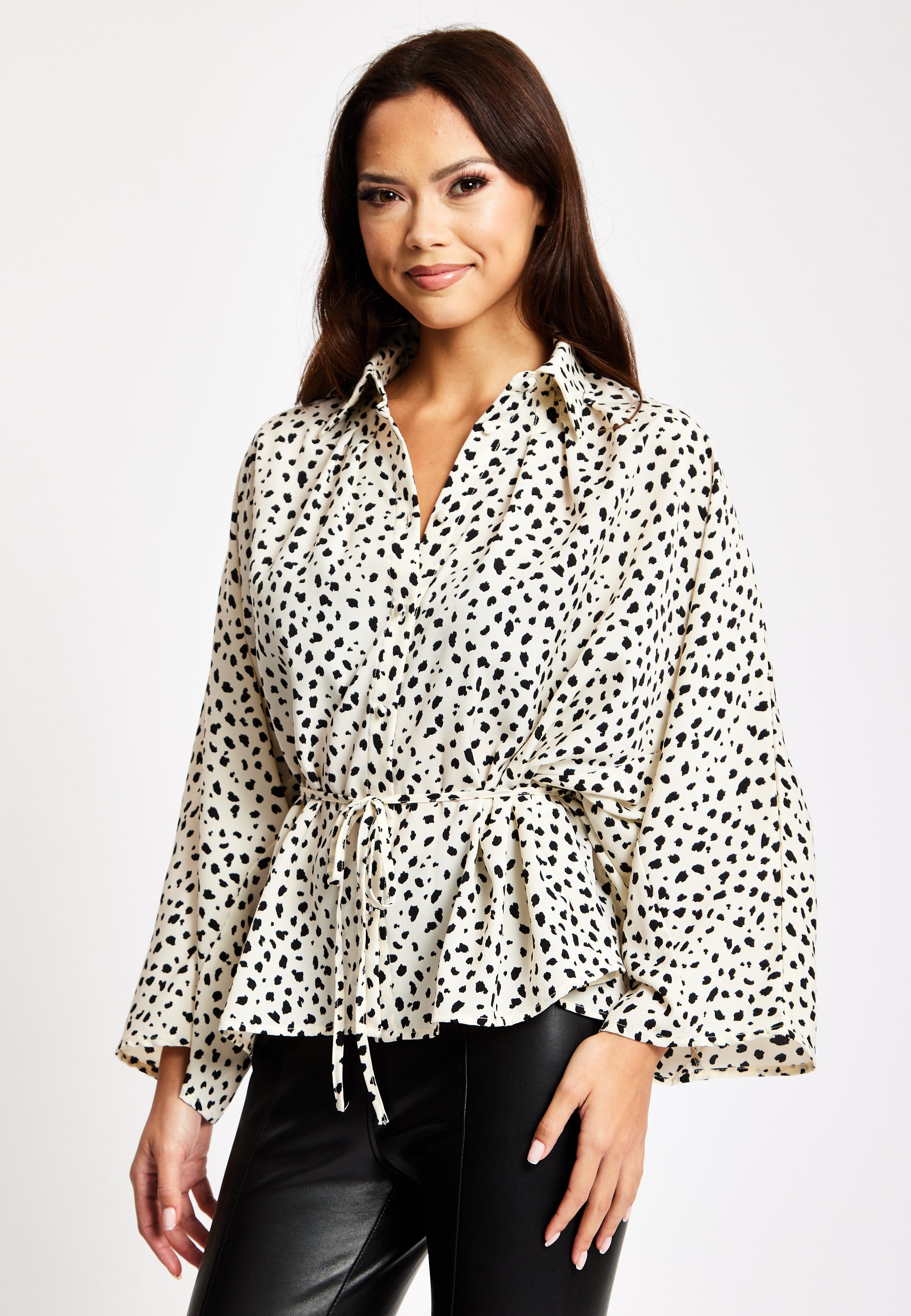 Women's Animal Print Shirt with Long Sleeves, Button-Up Front, Tie Waist, Shirt Collar, Regular Fit