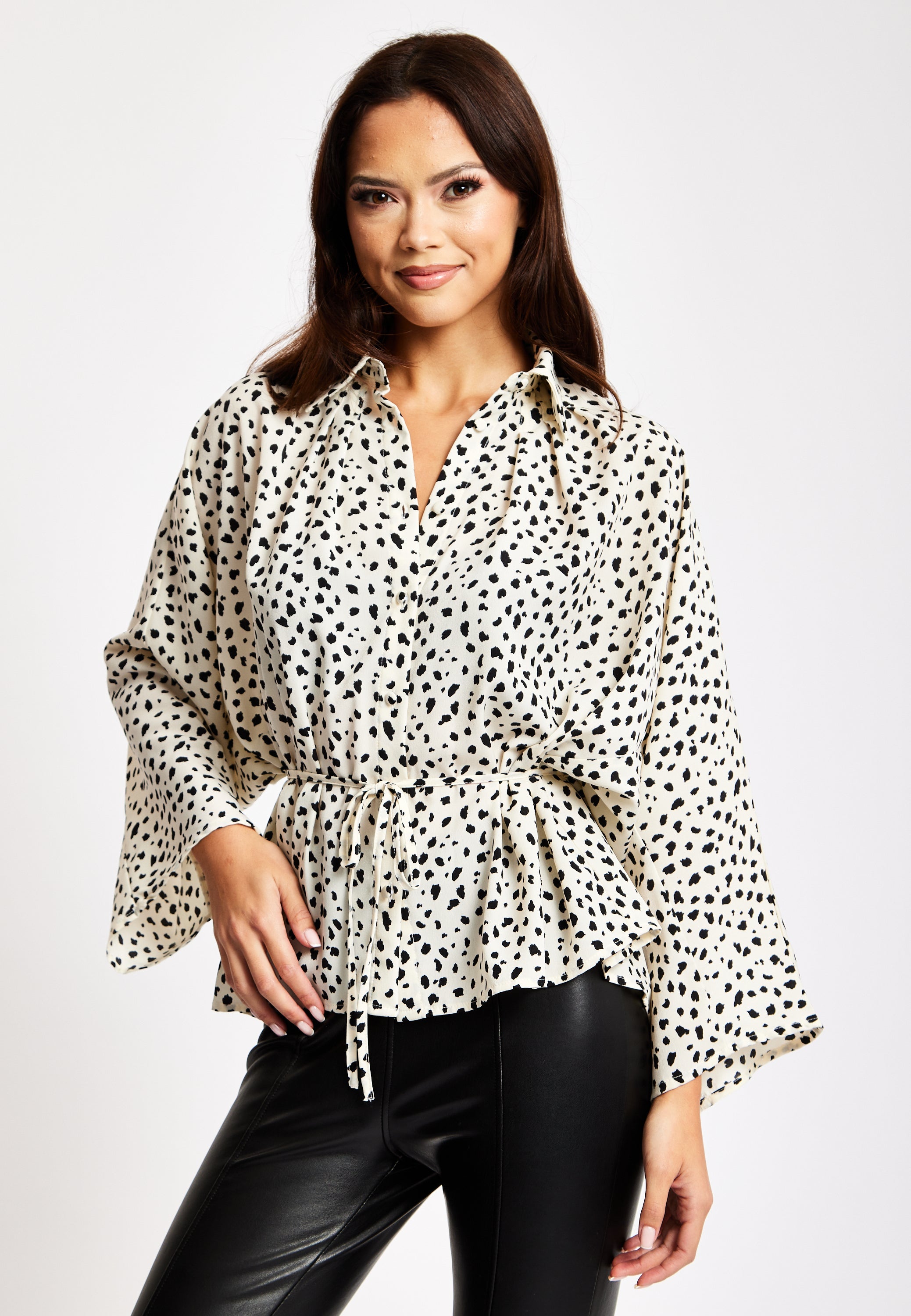 Women's Animal Print Shirt with Long Sleeves, Button-Up Front, Tie Waist, Shirt Collar, Regular Fit
