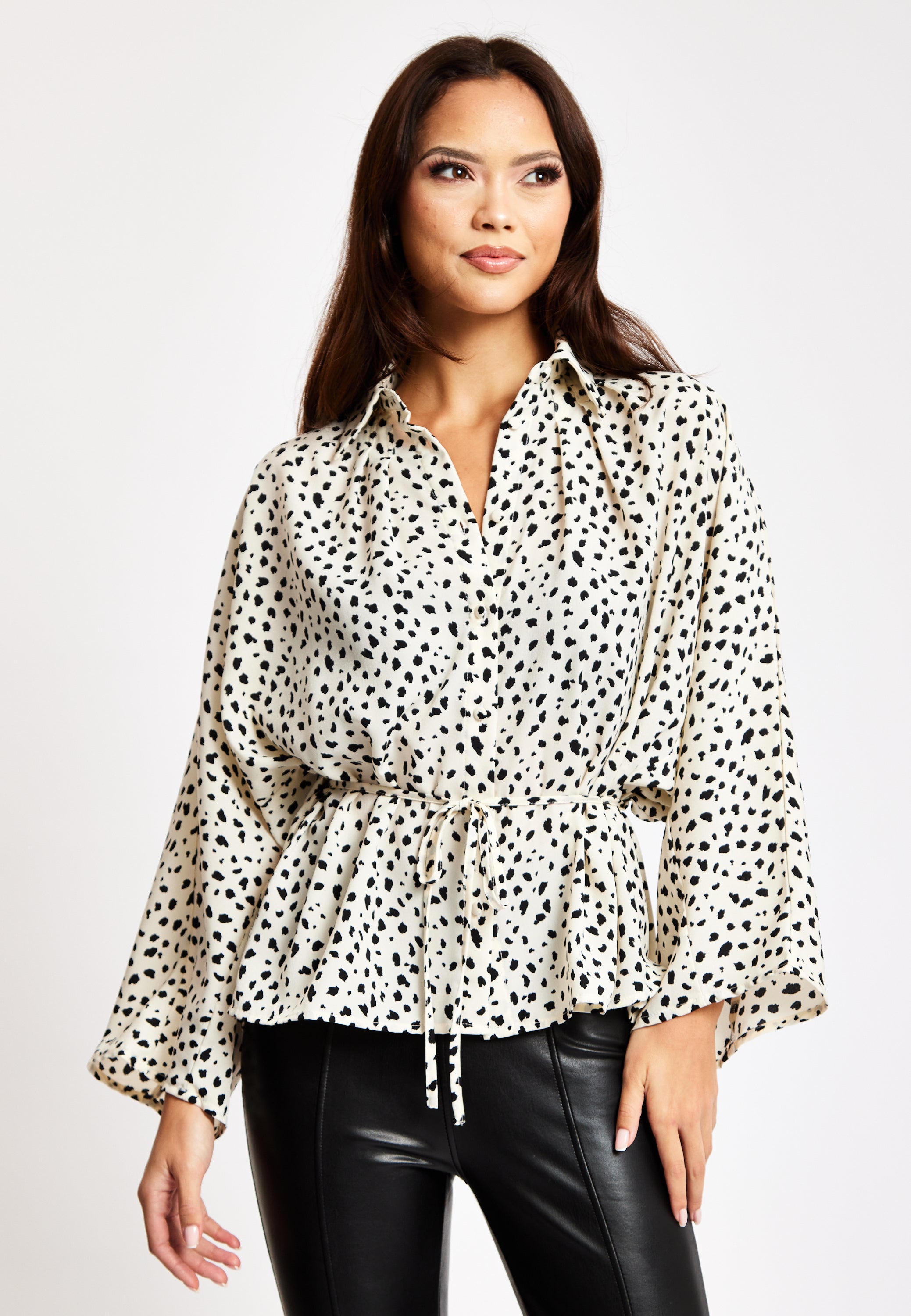 Women's Animal Print Shirt with Long Sleeves, Button-Up Front, Tie Waist, Shirt Collar, Regular Fit