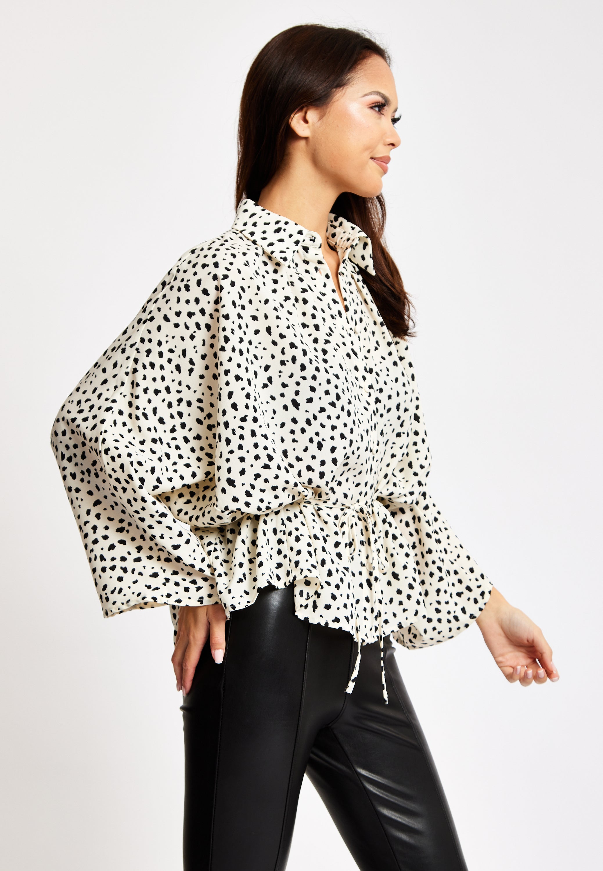 Women's Animal Print Shirt with Long Sleeves, Button-Up Front, Tie Waist, Shirt Collar, Regular Fit