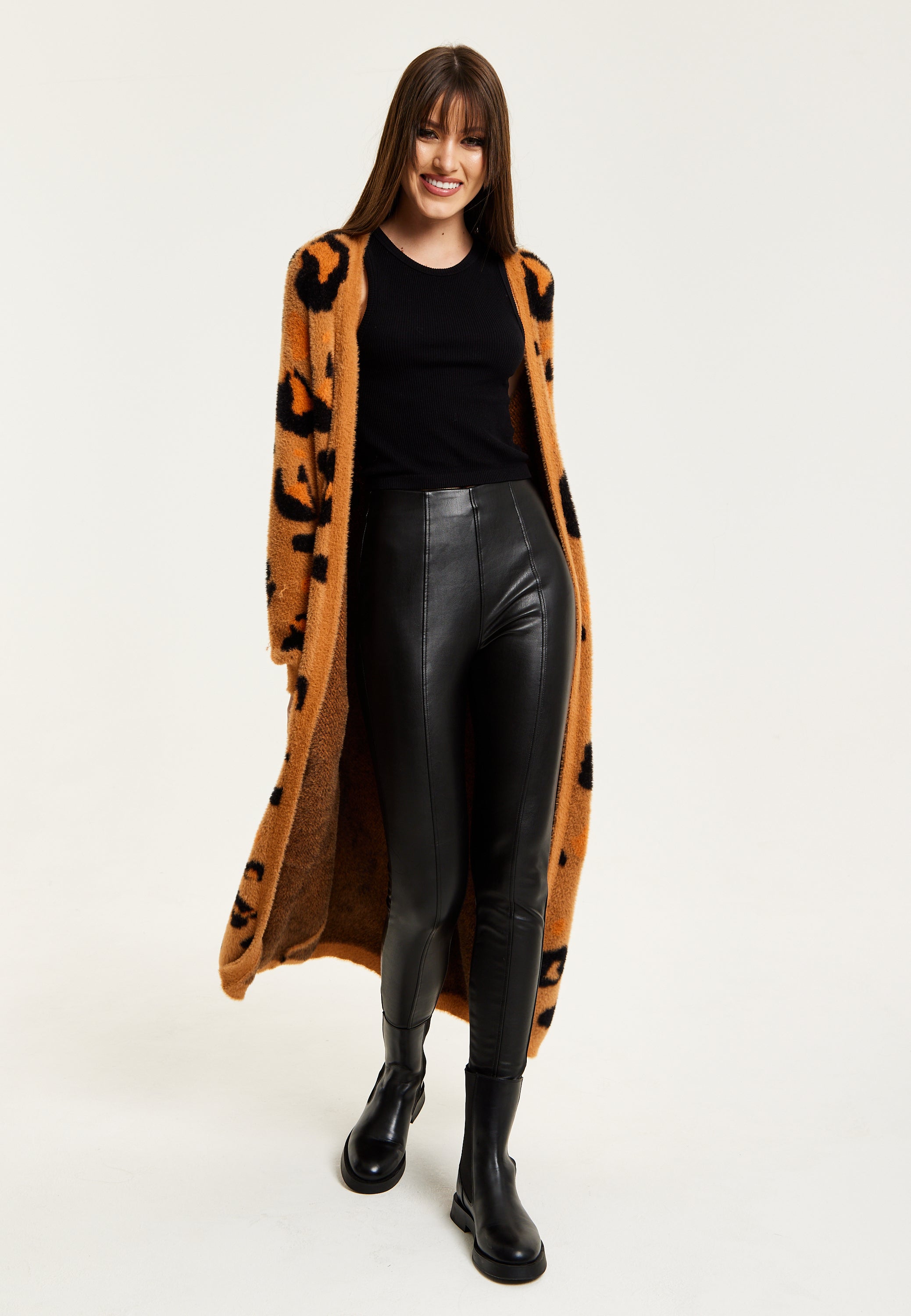 Women's Cardigan in Brown with Longline Design, Open Front, and Leopard Print - Liquorish