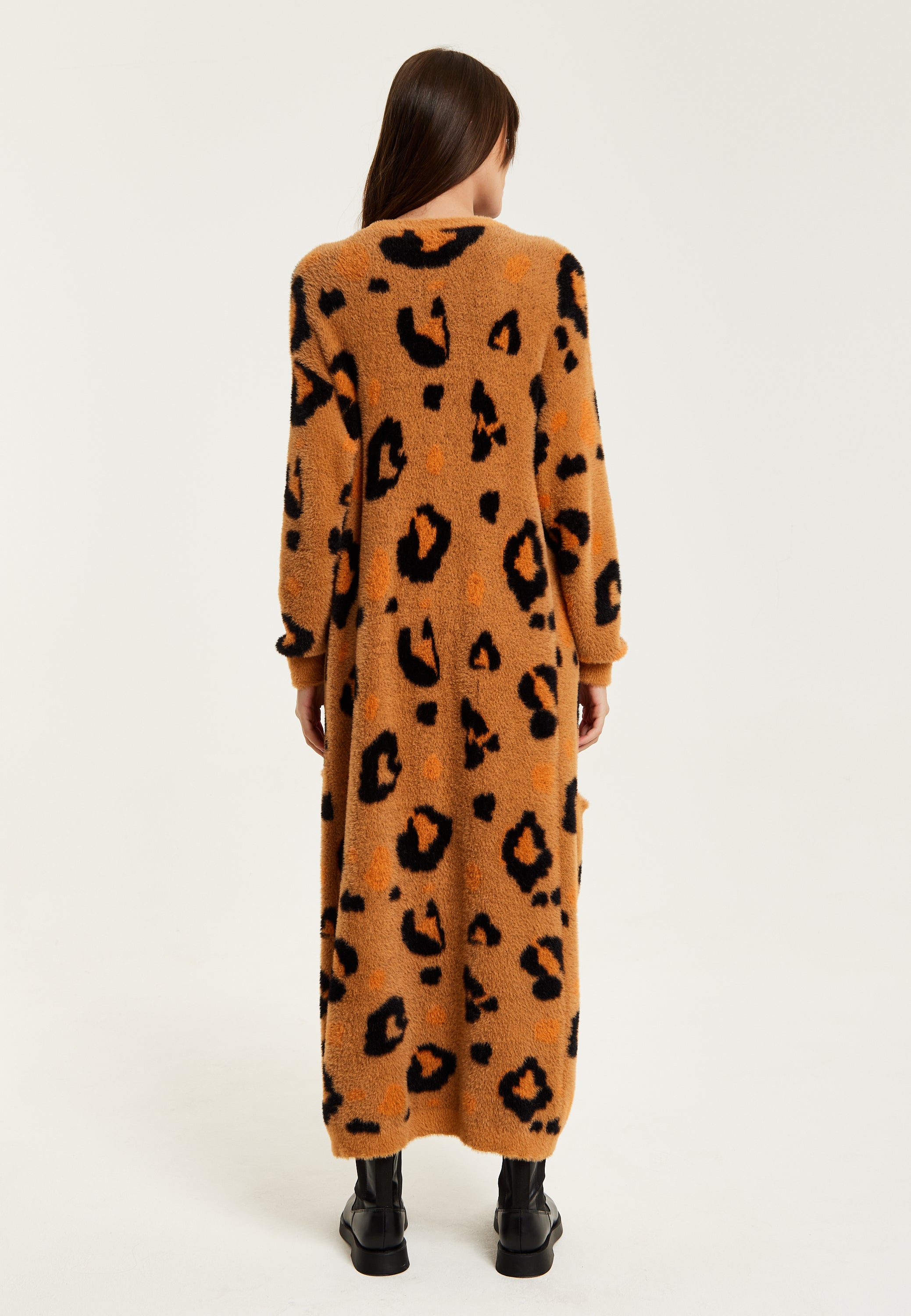Women's Cardigan in Brown with Longline Design, Open Front, and Leopard Print - Liquorish