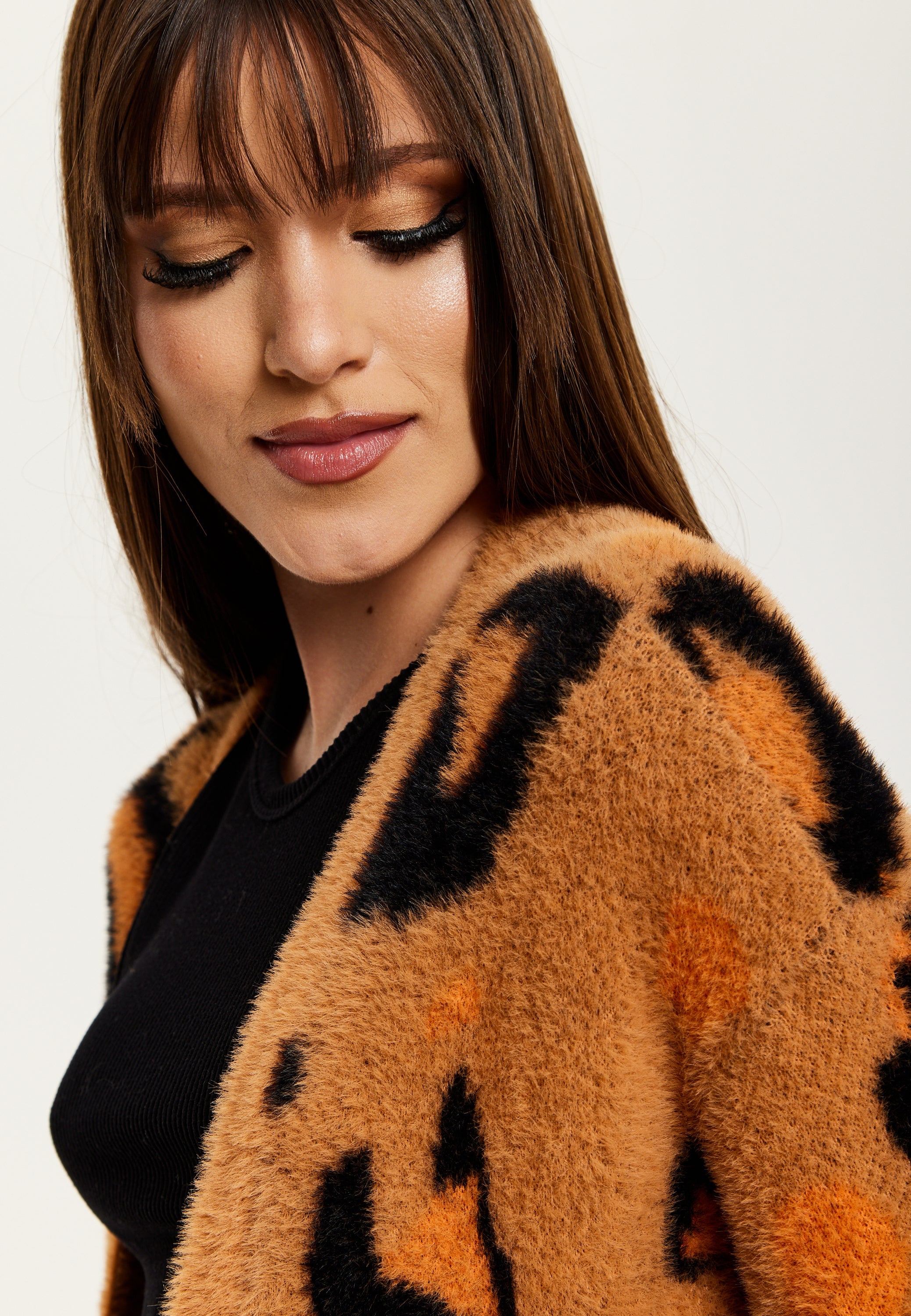 Women's Cardigan in Brown with Longline Design, Open Front, and Leopard Print - Liquorish