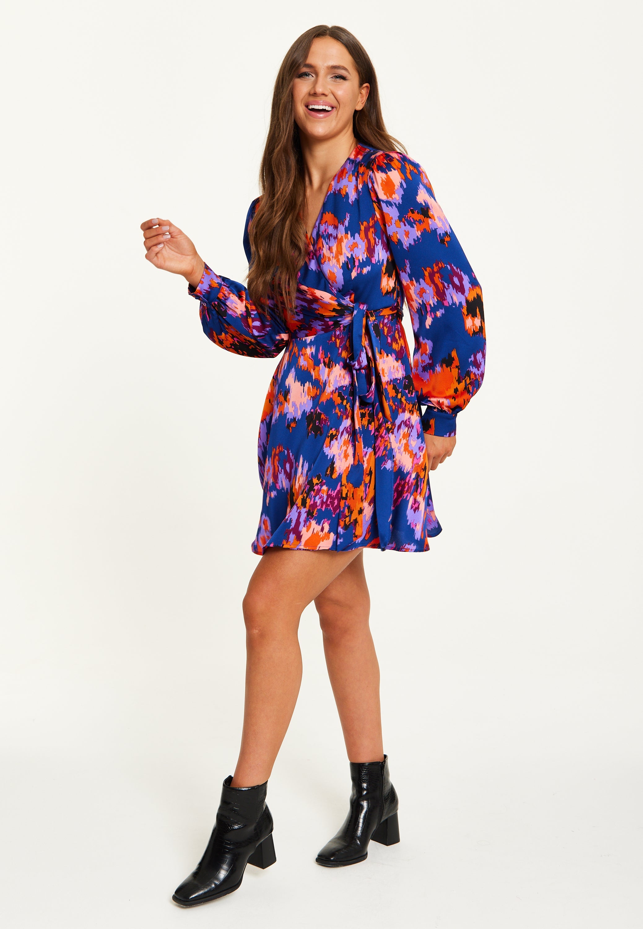 Women's Mini Dress with Long Sleeves in Navy Featuring Abstract Print Wrap Style by Liquorish