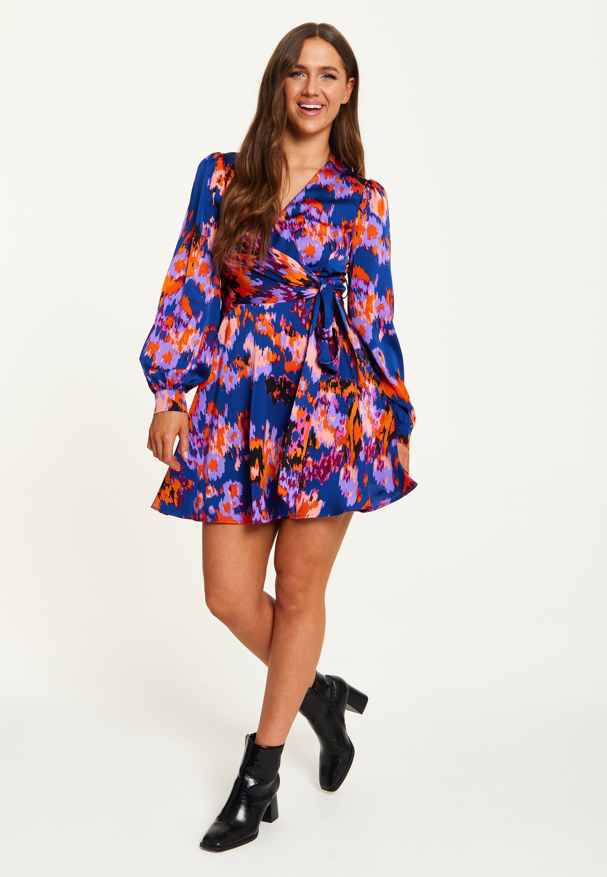 Women's Mini Dress with Long Sleeves in Navy Featuring Abstract Print Wrap Style by Liquorish