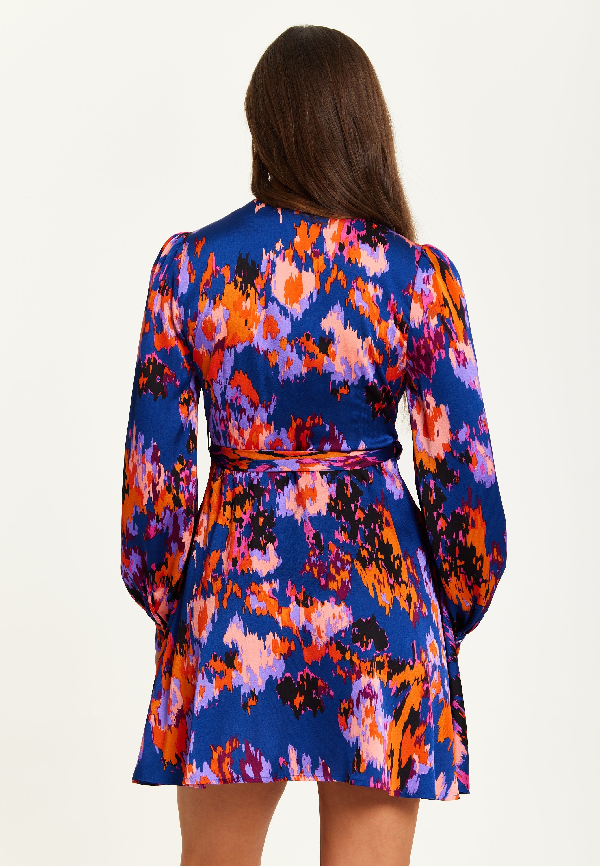 Women's Mini Dress with Long Sleeves in Navy Featuring Abstract Print Wrap Style by Liquorish