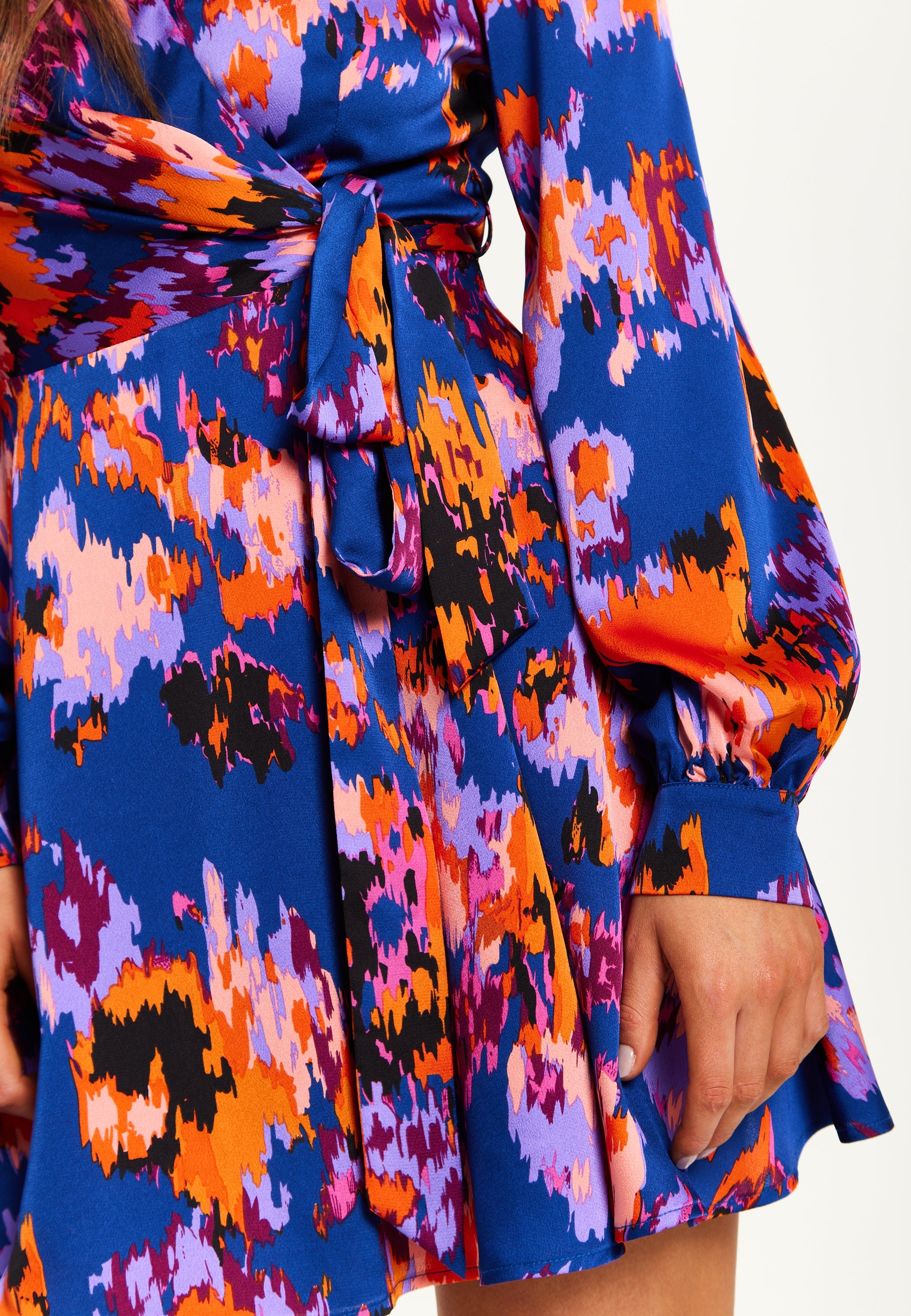 Women's Mini Dress with Long Sleeves in Navy Featuring Abstract Print Wrap Style by Liquorish