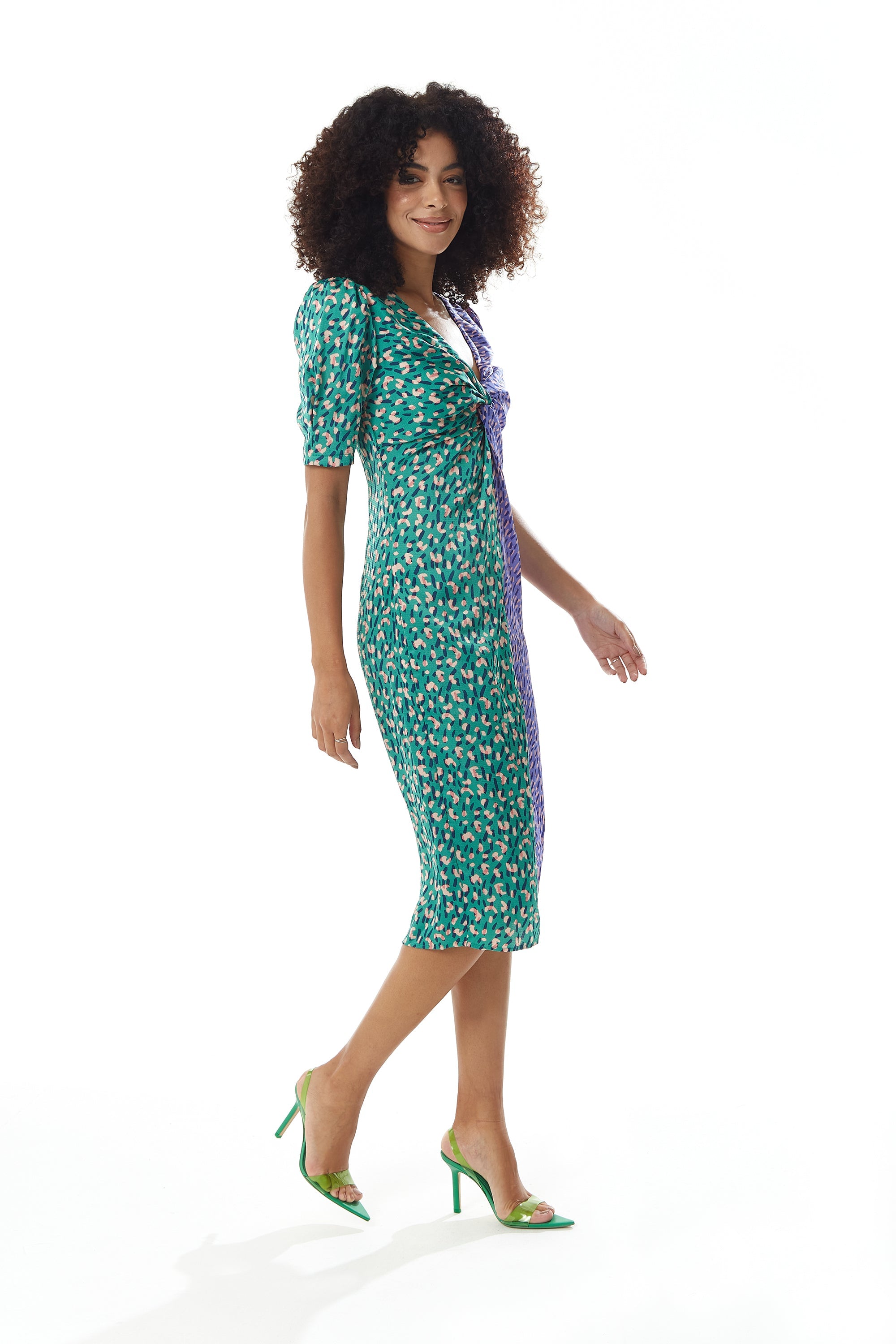 Women's Midi Dress with Knot Front and Short Sleeves in Green and Purple Abstract Print - Liquorish