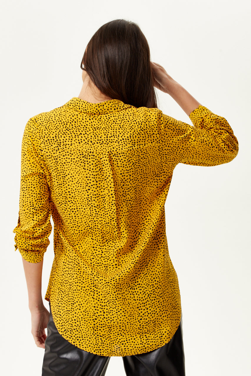 Women's Long Sleeve Mustard Polka Dot Shirt with Button Cuffs and Soft Touch Fabric, Perfect for Casual Styling