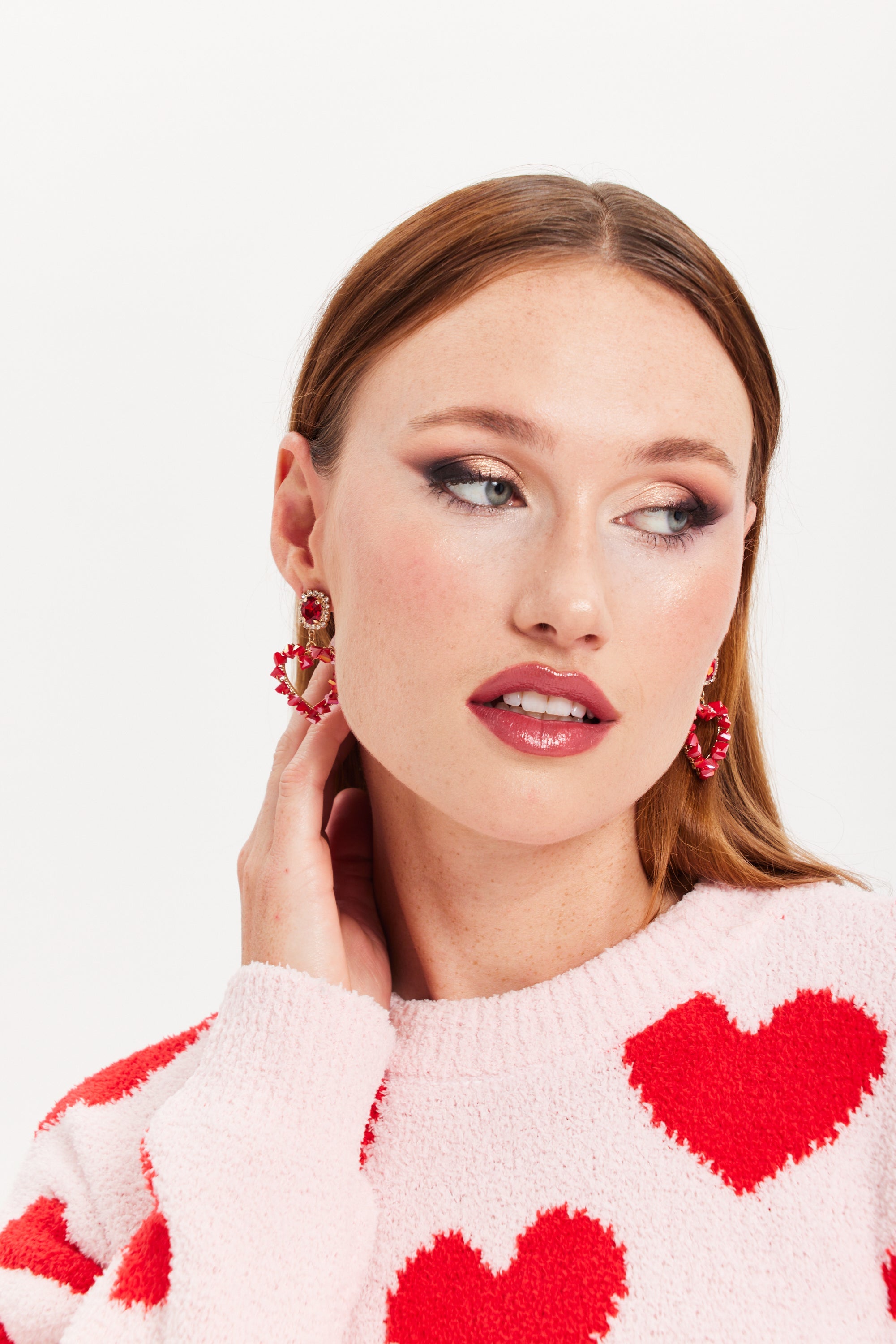 Liquorish Jewelled Drop Style Heart Earrings With Stone Details