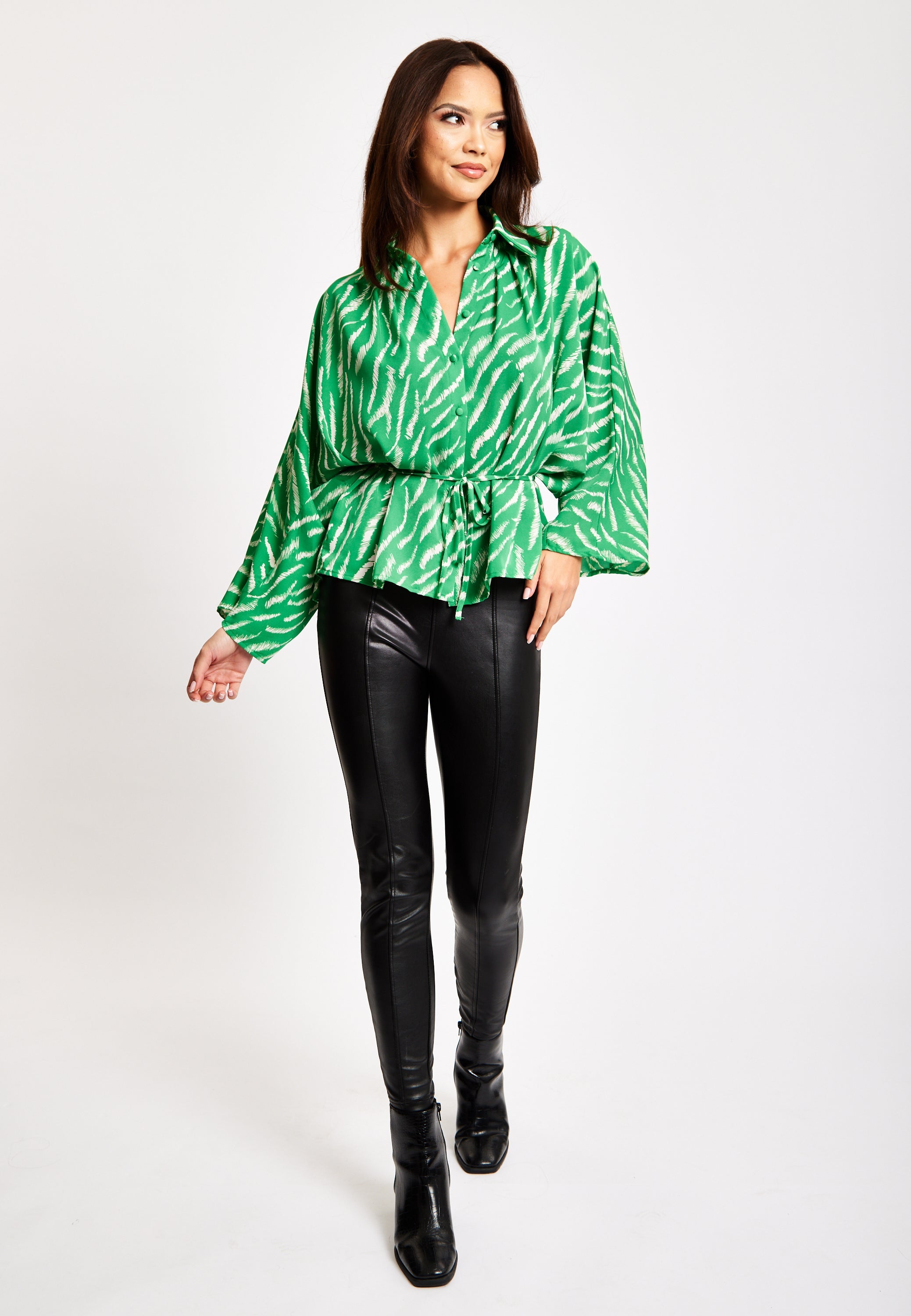 Women's Zebra Print Shirt with Long Sleeves, Tie Waist, Button-Up Front, Regular Fit, and Shirt Collar