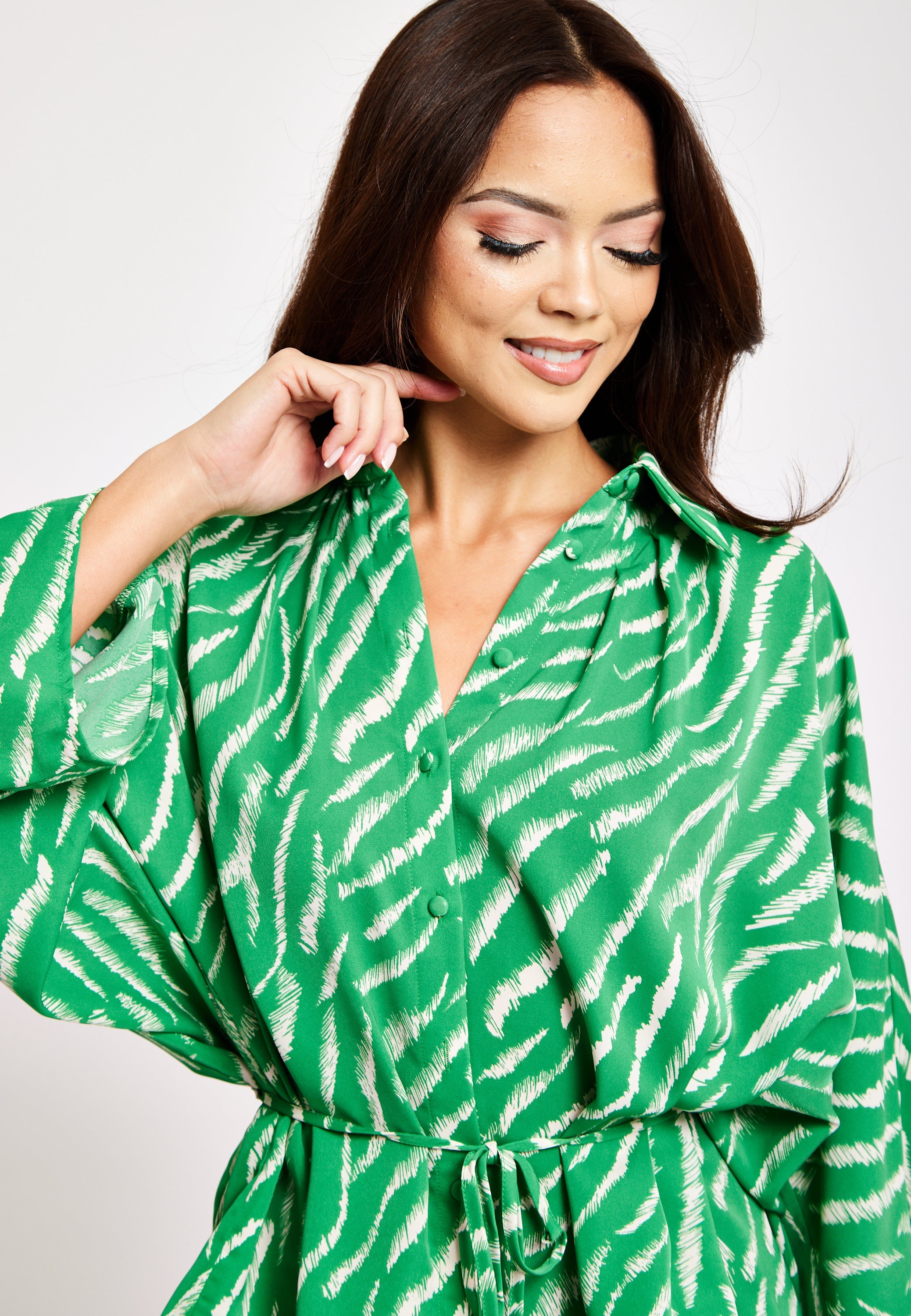 Women's Zebra Print Shirt with Long Sleeves, Tie Waist, Button-Up Front, Regular Fit, and Shirt Collar