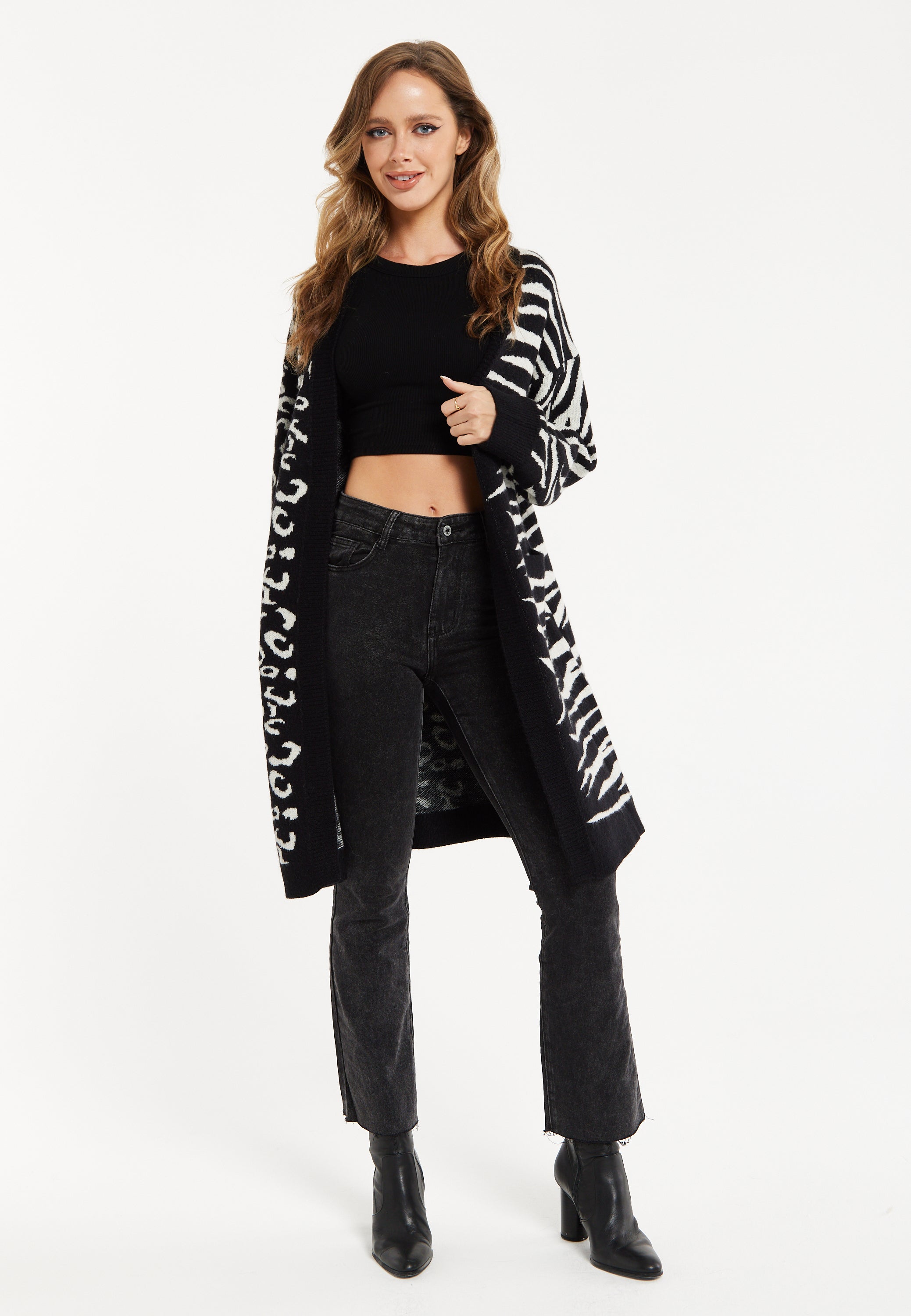 Women's Longline Oversized Cardigan in Black and White Animal Print - Unique Contrast Design by Liquorish