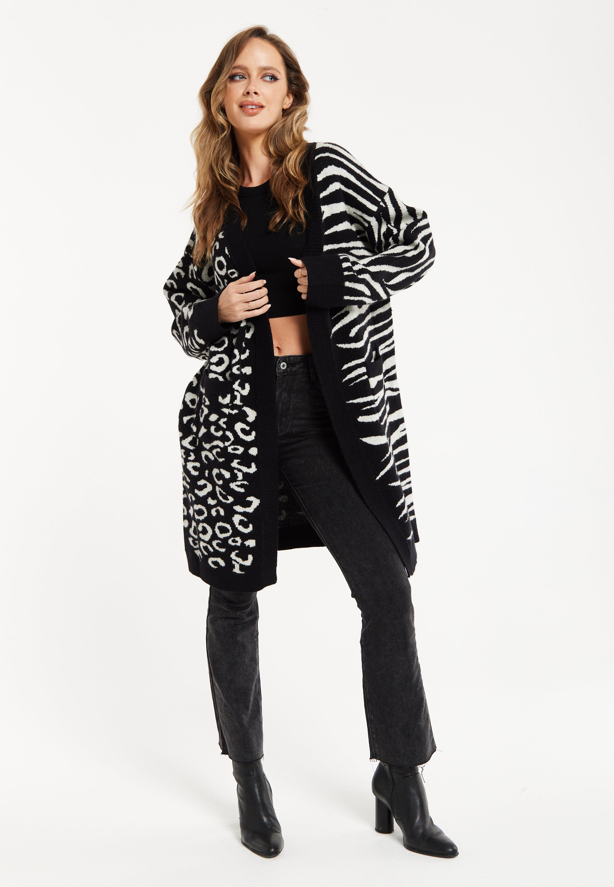 Women's Longline Oversized Cardigan in Black and White Animal Print - Unique Contrast Design by Liquorish