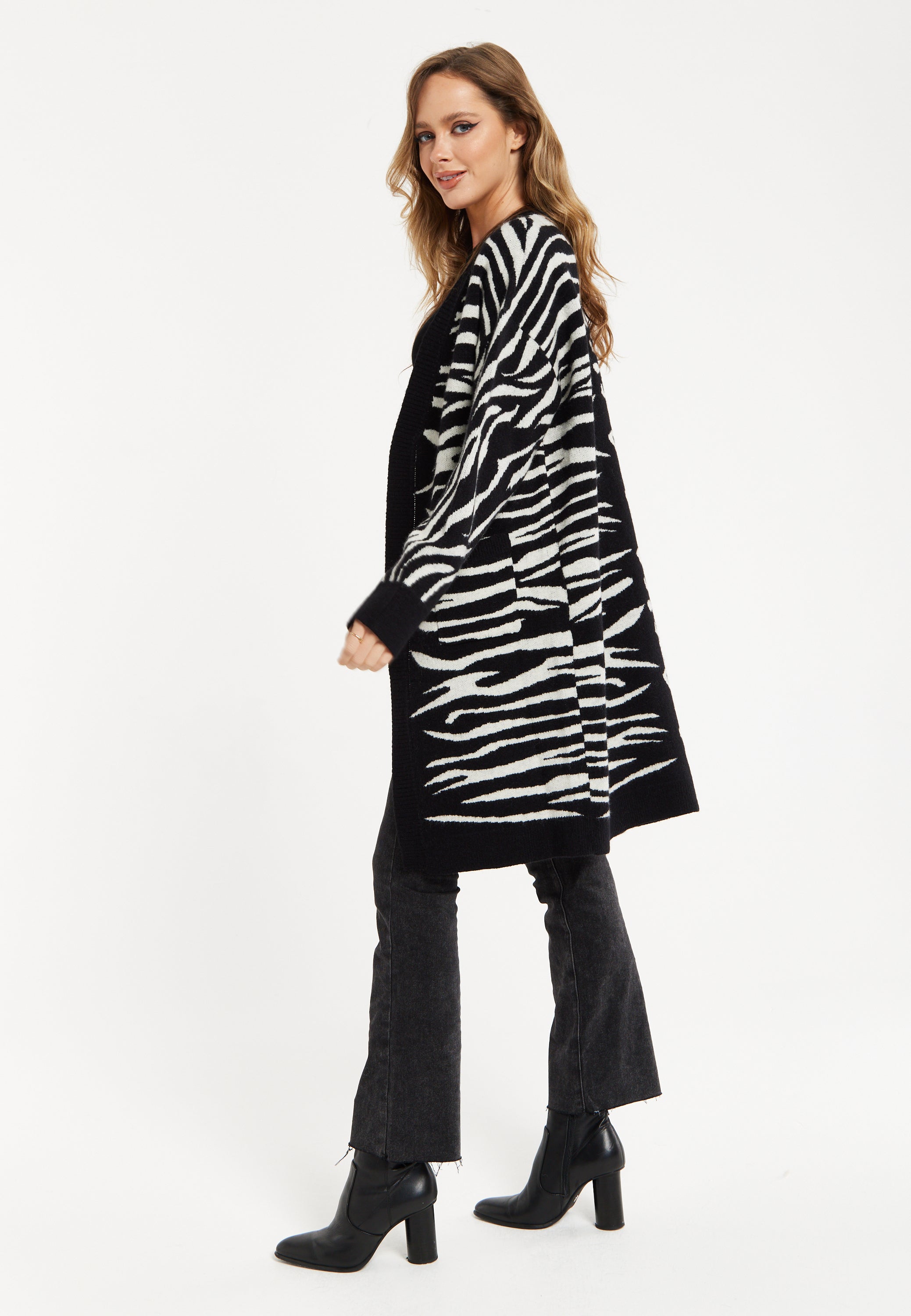 Women's Longline Oversized Cardigan in Black and White Animal Print - Unique Contrast Design by Liquorish