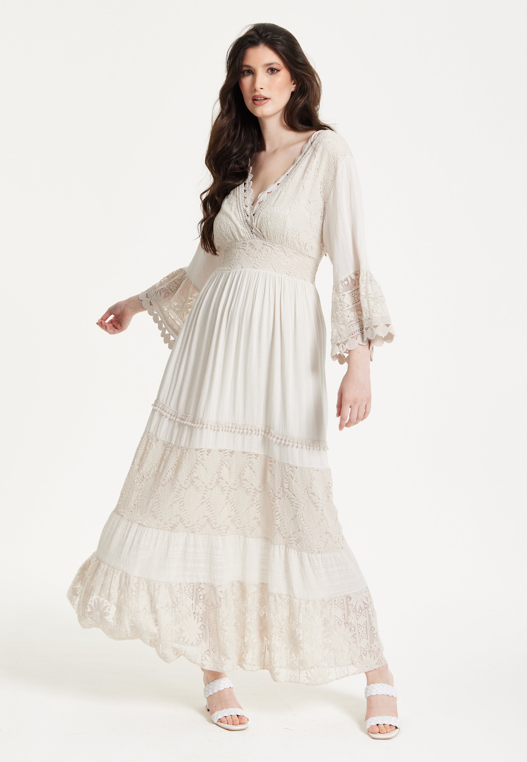 Ivory Boho Maxi Dress with Lace Trim