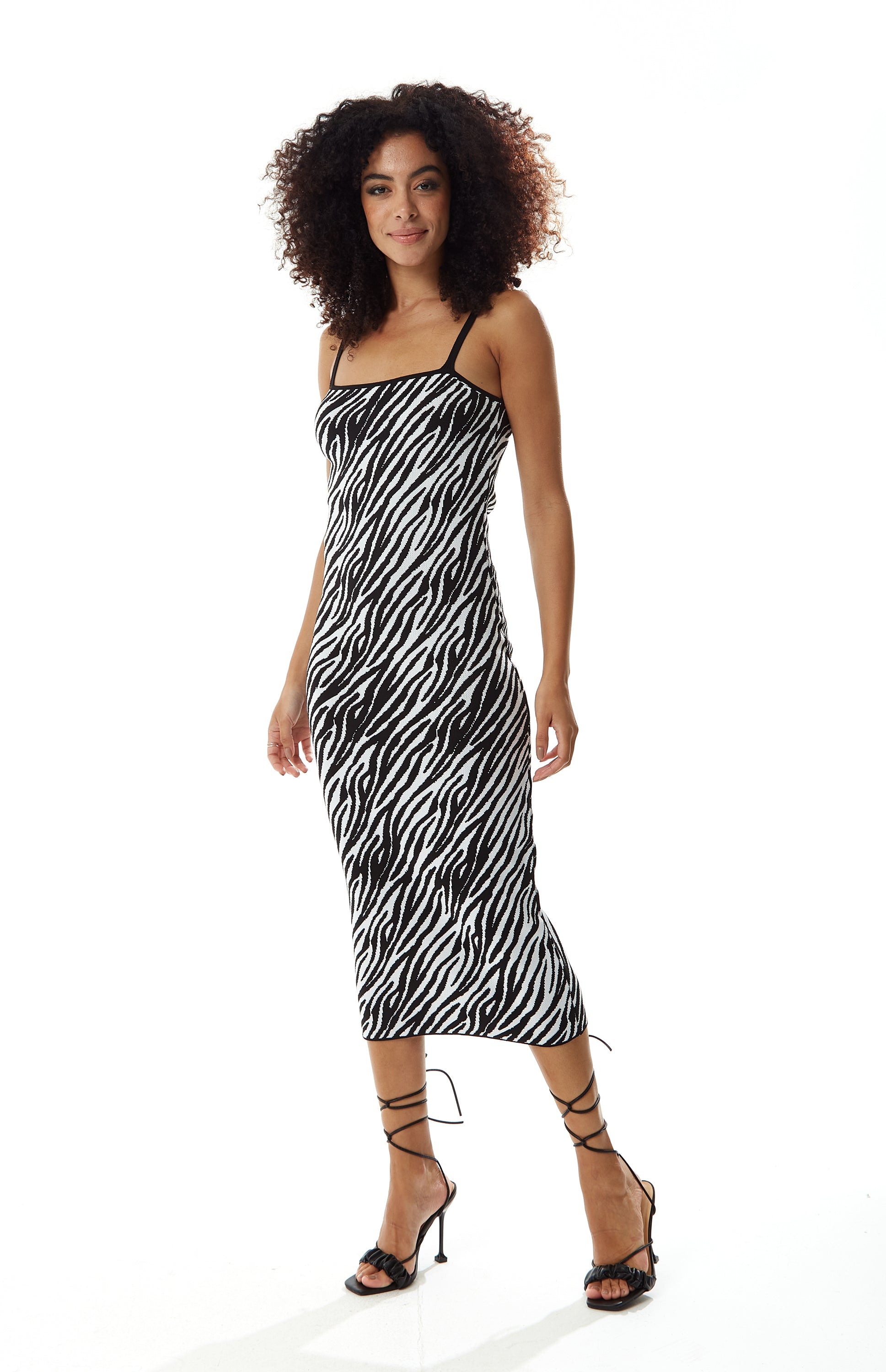 Women’s Midi Dress in Black and White Zebra Knit Pattern with Sleeveless Design