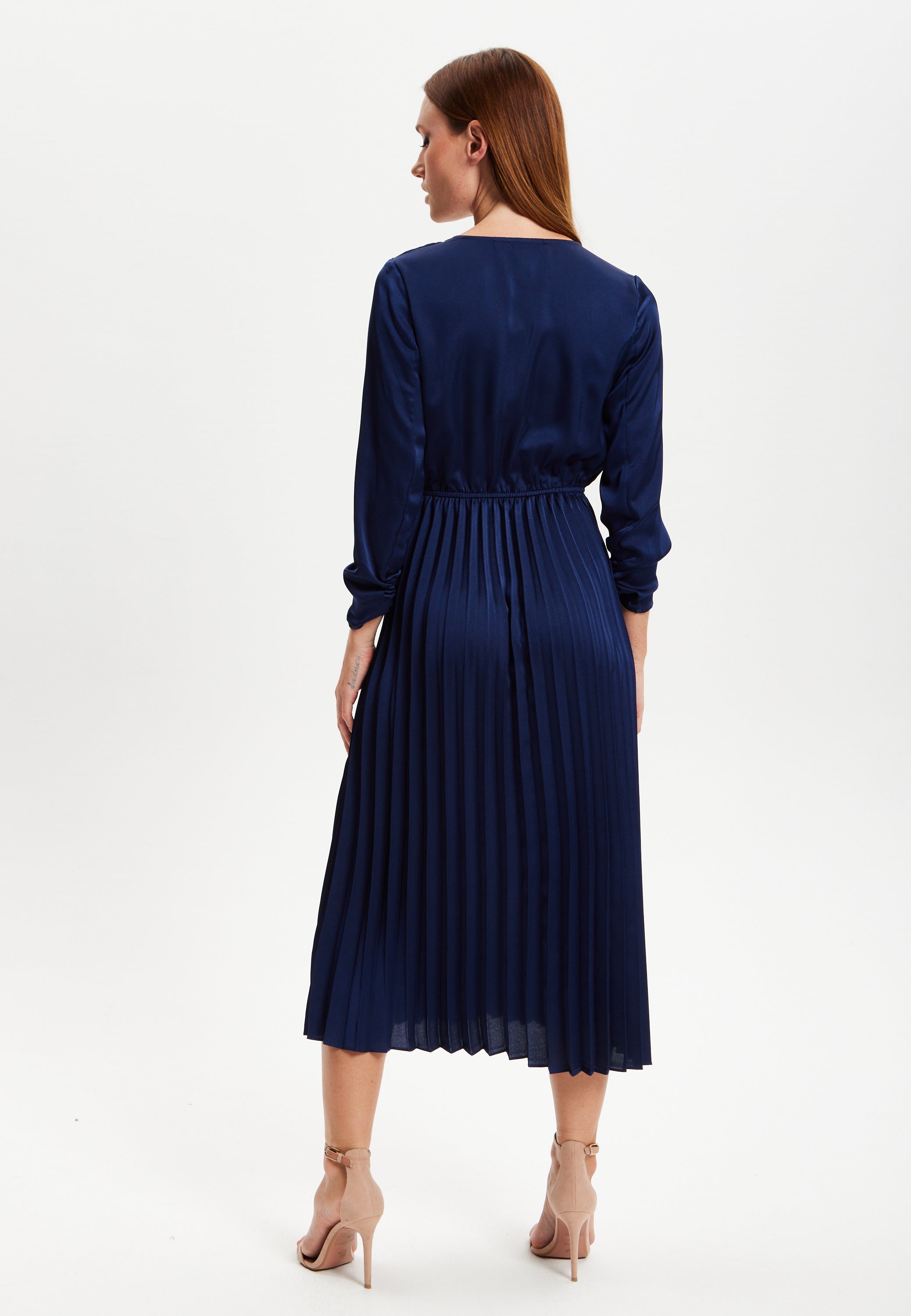 Women's Midi Dress with Pleat Details in Navy, V Neck and Regular Fit, Perfect for Any Occasion - Liquorish