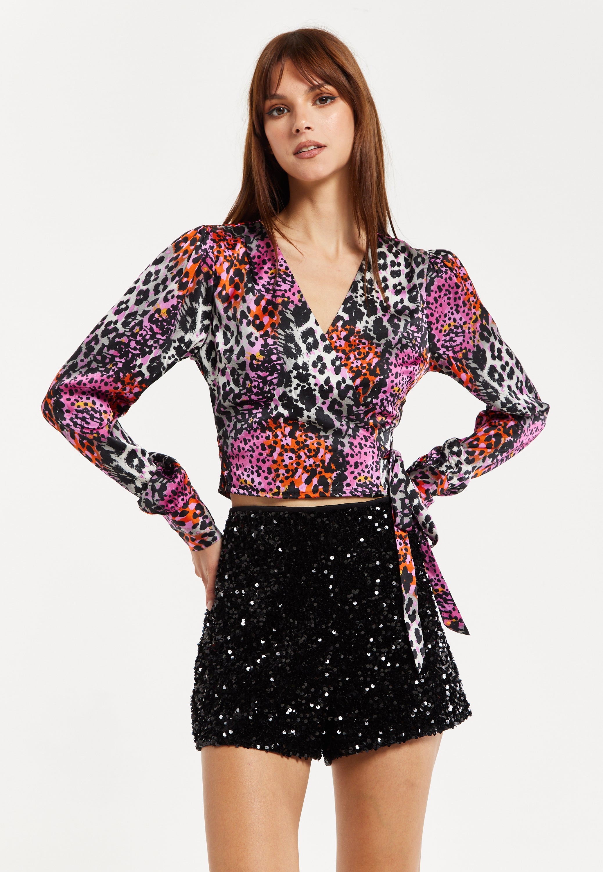 Women's Multicolour Animal Print Wrap Top with Long Sleeves, Deep V-Neckline, and Matching Tie Waist. Perfect for Day Out!