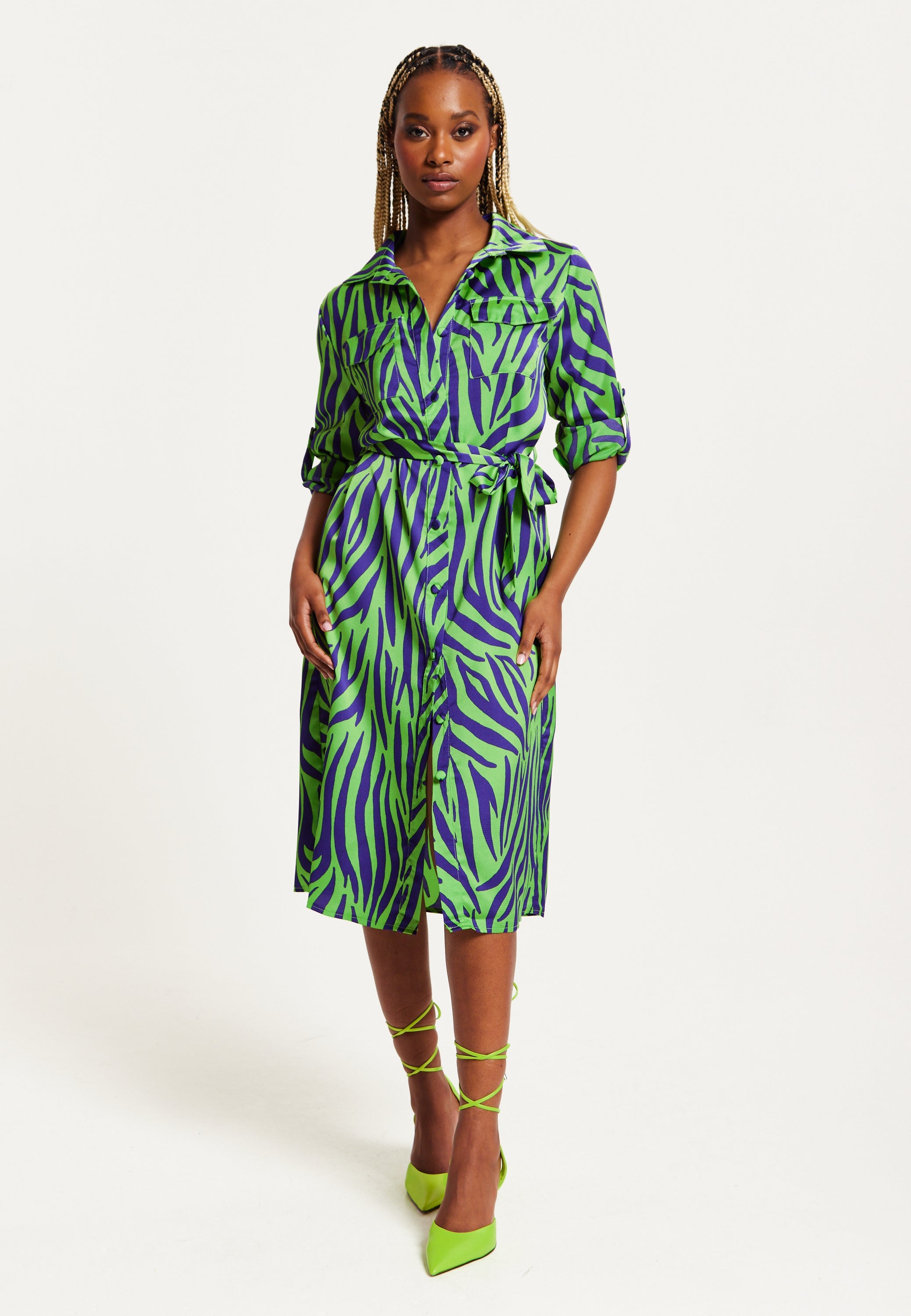 Women's Midi Dress in Mint and Blue Zebra Print with Long Sleeves - Stylish Elegance by Liquorish