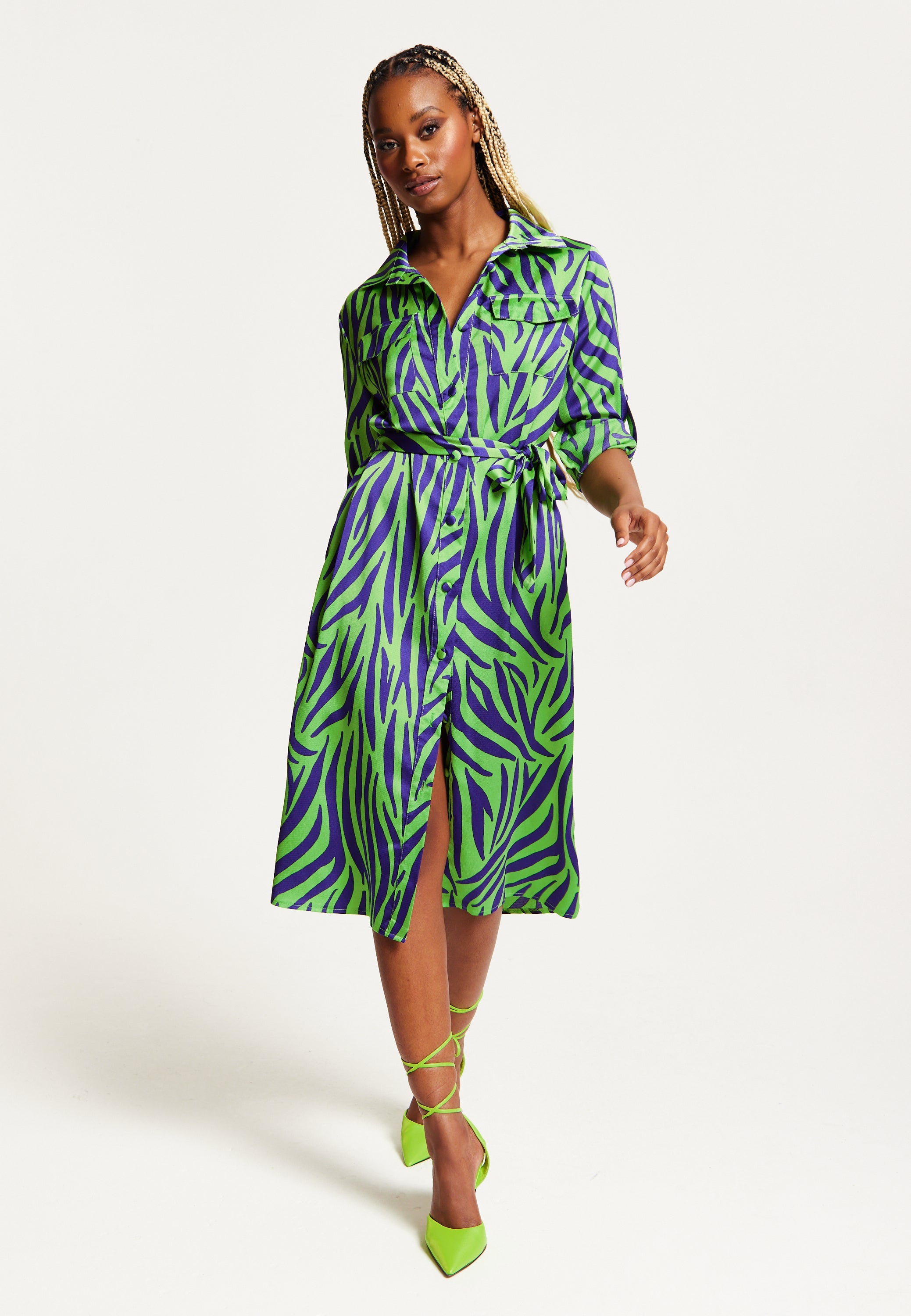 Women's Midi Dress in Mint and Blue Zebra Print with Long Sleeves - Stylish Elegance by Liquorish
