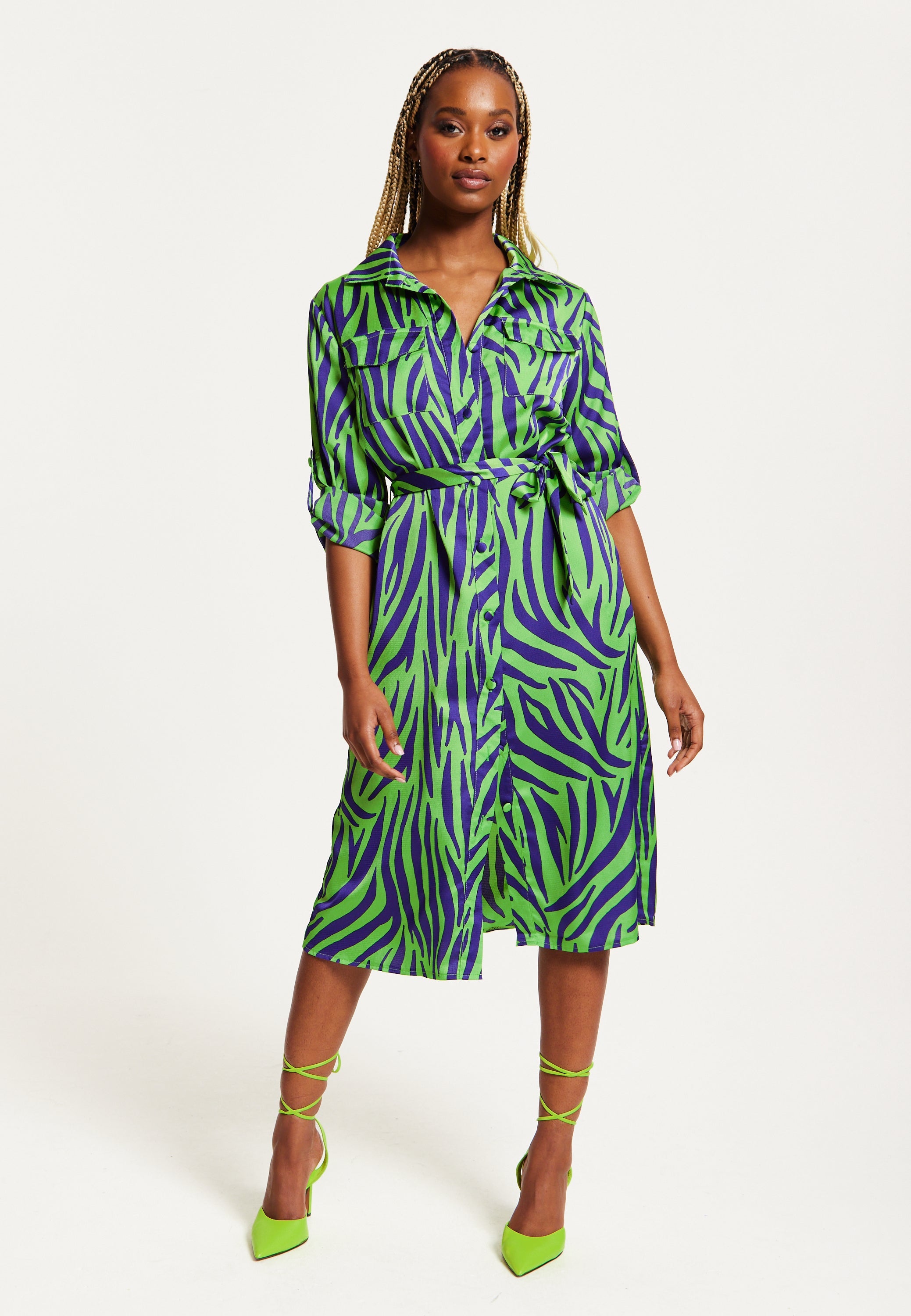Women's Midi Dress in Mint and Blue Zebra Print with Long Sleeves - Stylish Elegance by Liquorish