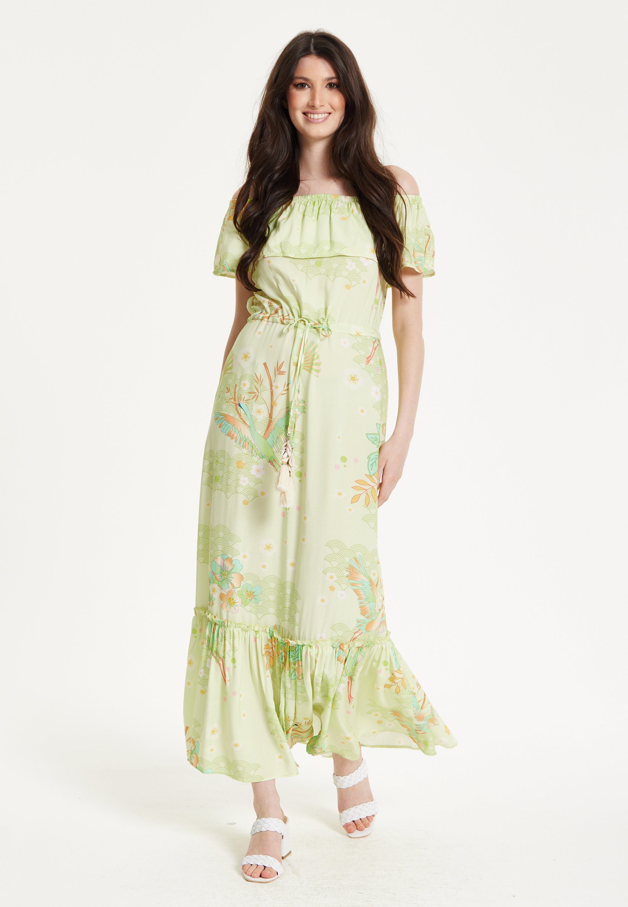 Green Floral Off Shoulder Maxi Dress