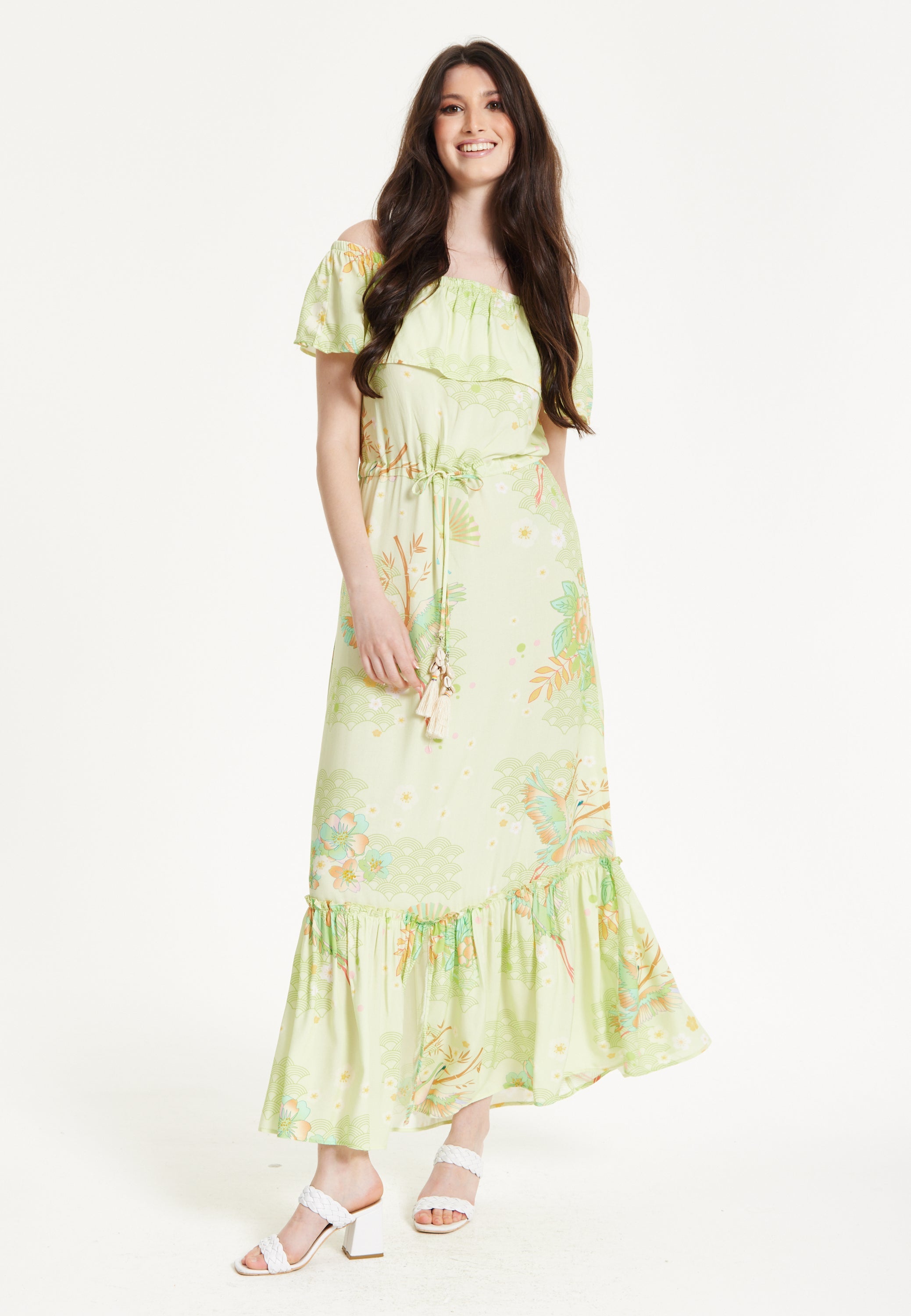Green Floral Off Shoulder Maxi Dress