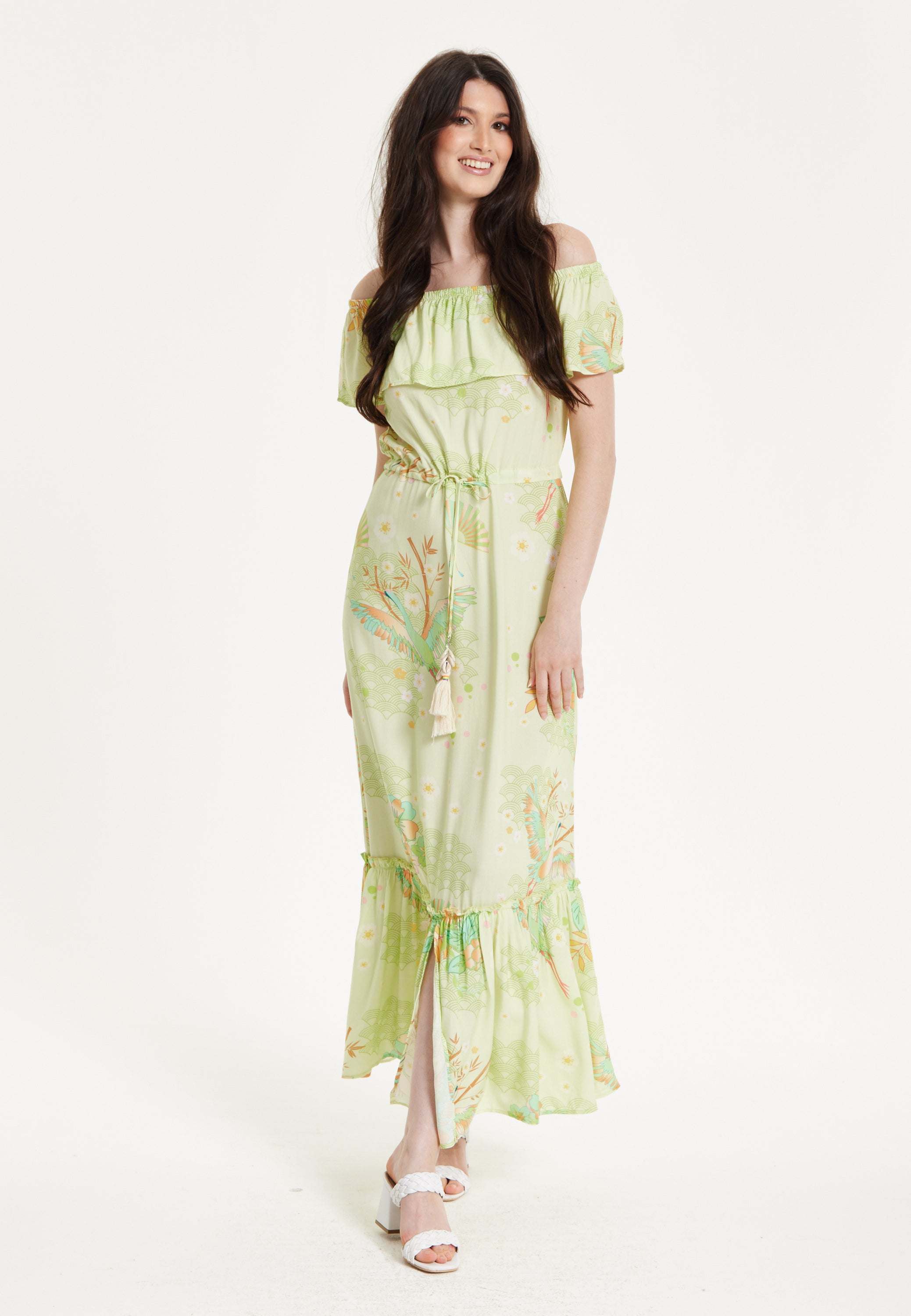 Green Floral Off Shoulder Maxi Dress