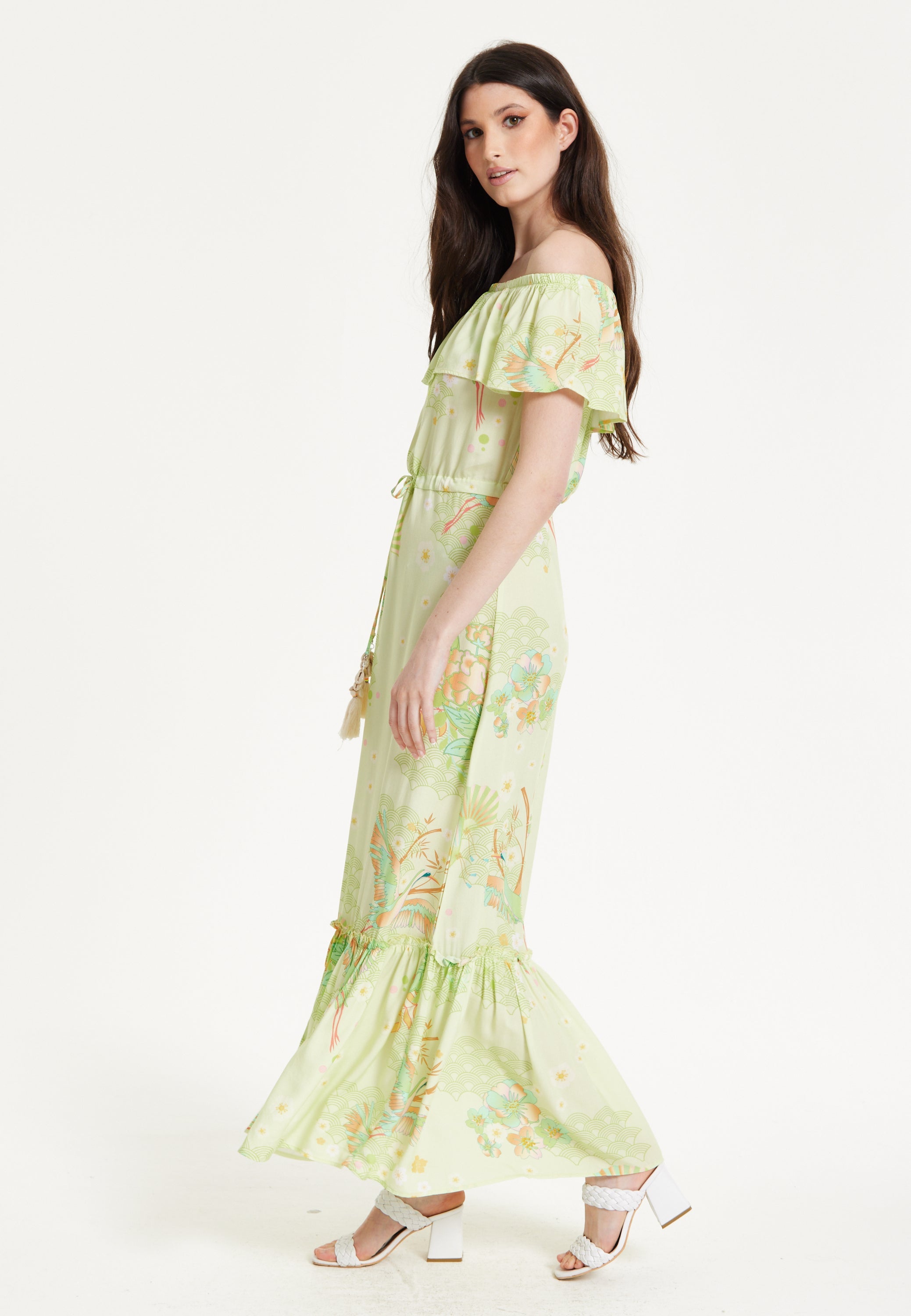Green Floral Off Shoulder Maxi Dress