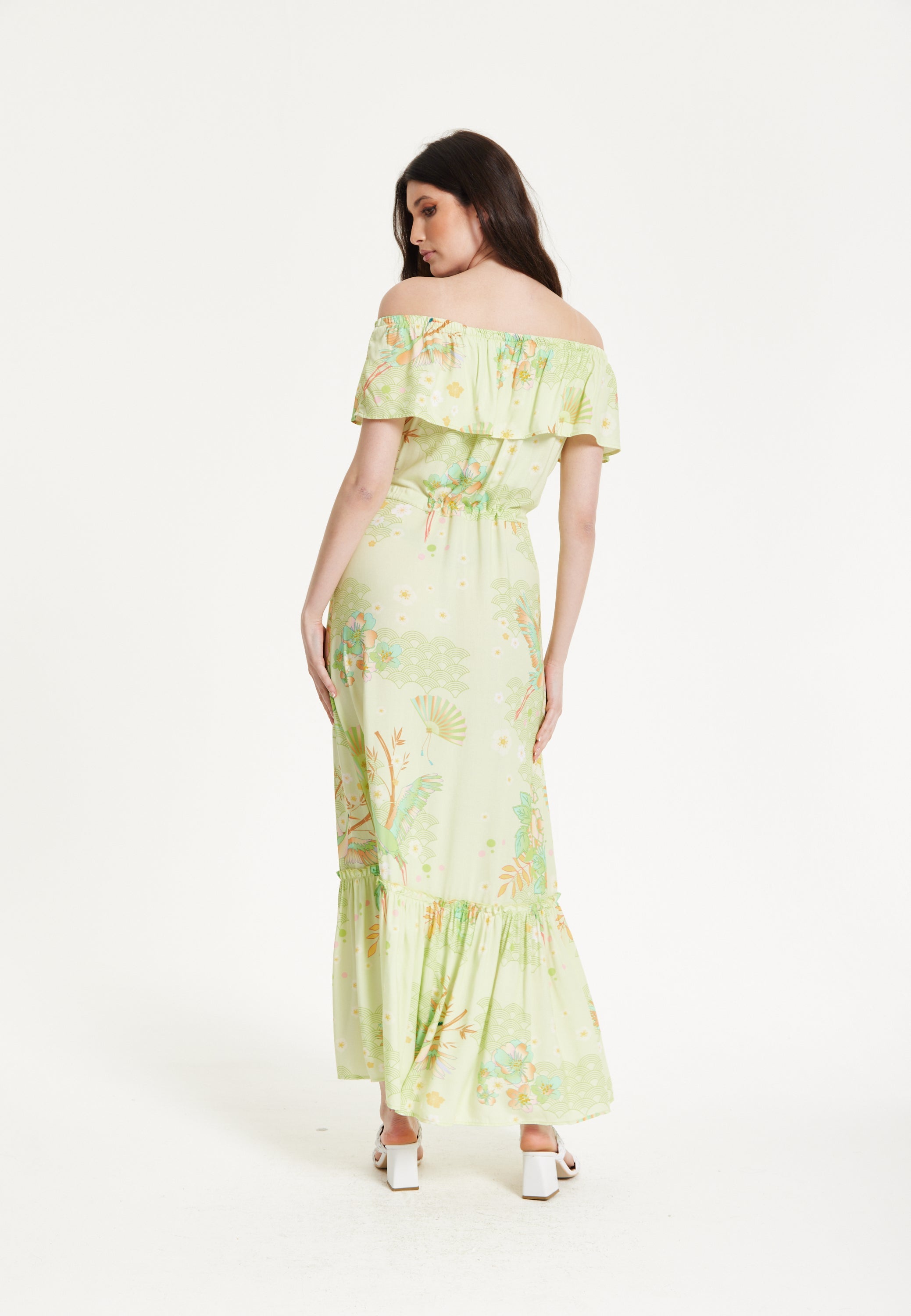 Green Floral Off Shoulder Maxi Dress