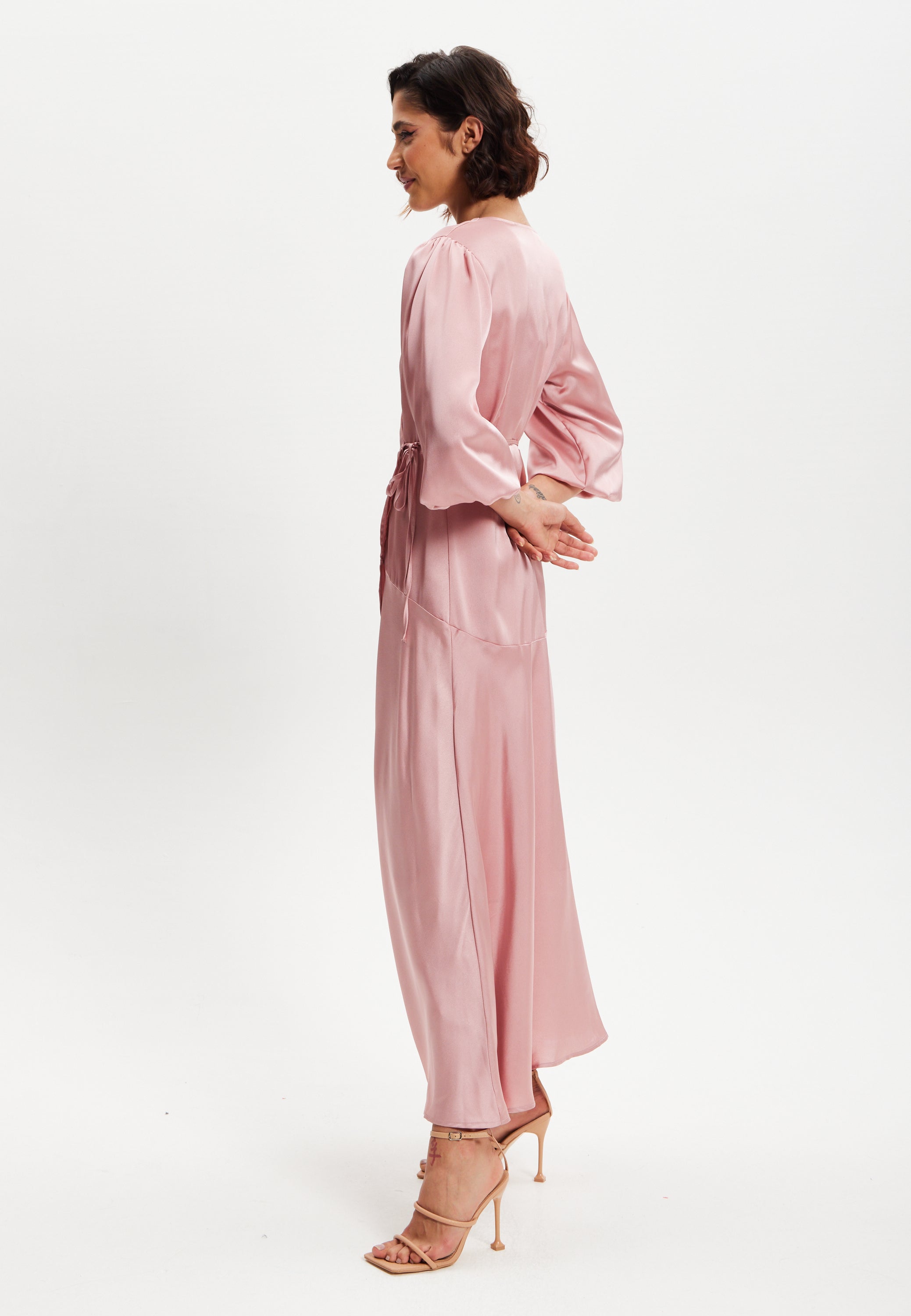 Women's Midi Dress in Pink with Short Puff Sleeves - Elegant Wrap Design by Liquorish