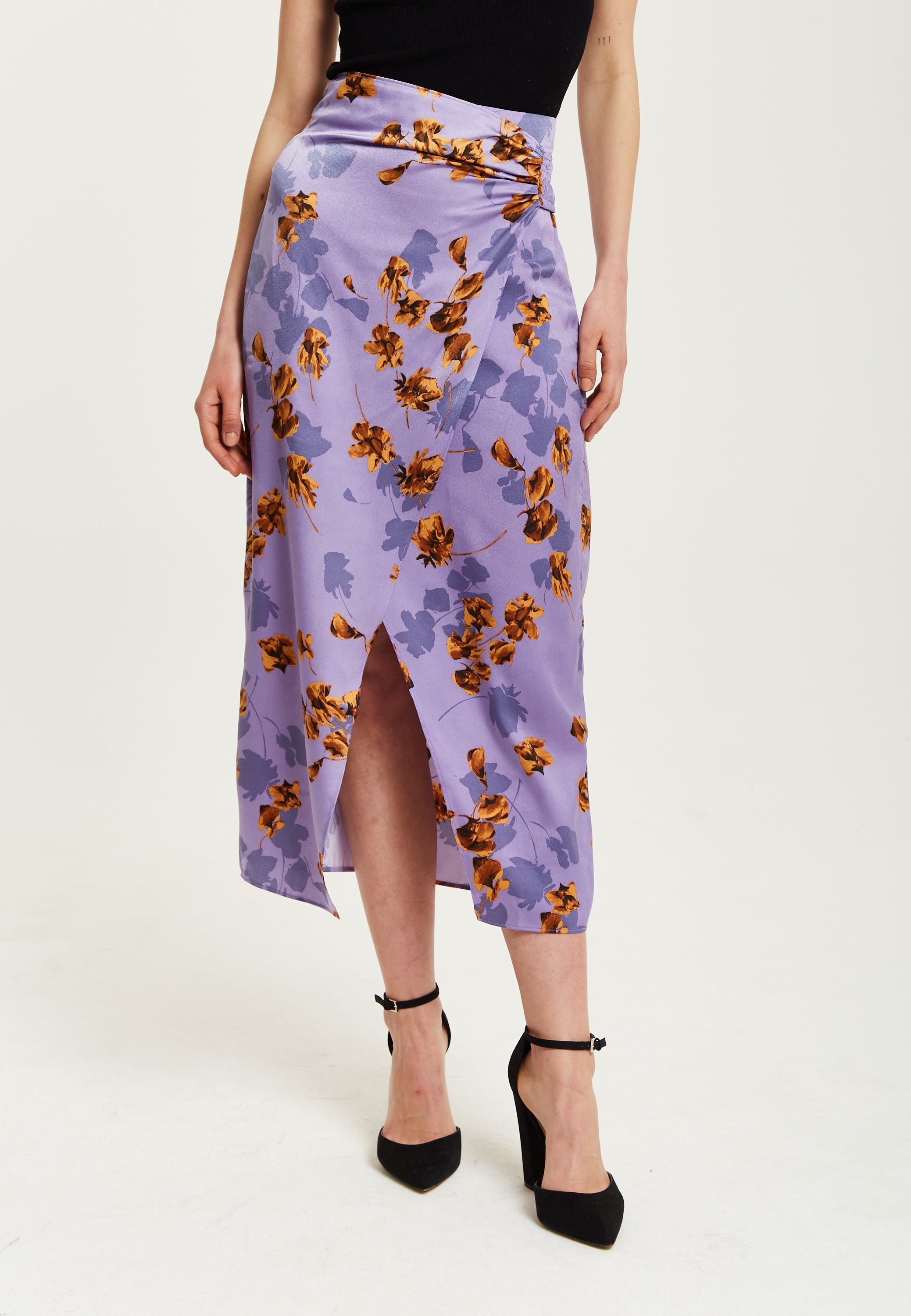 Women's Purple Floral Midi Skirt with Ruching Detail and Front Slit, Regular Fit, by Liquorish