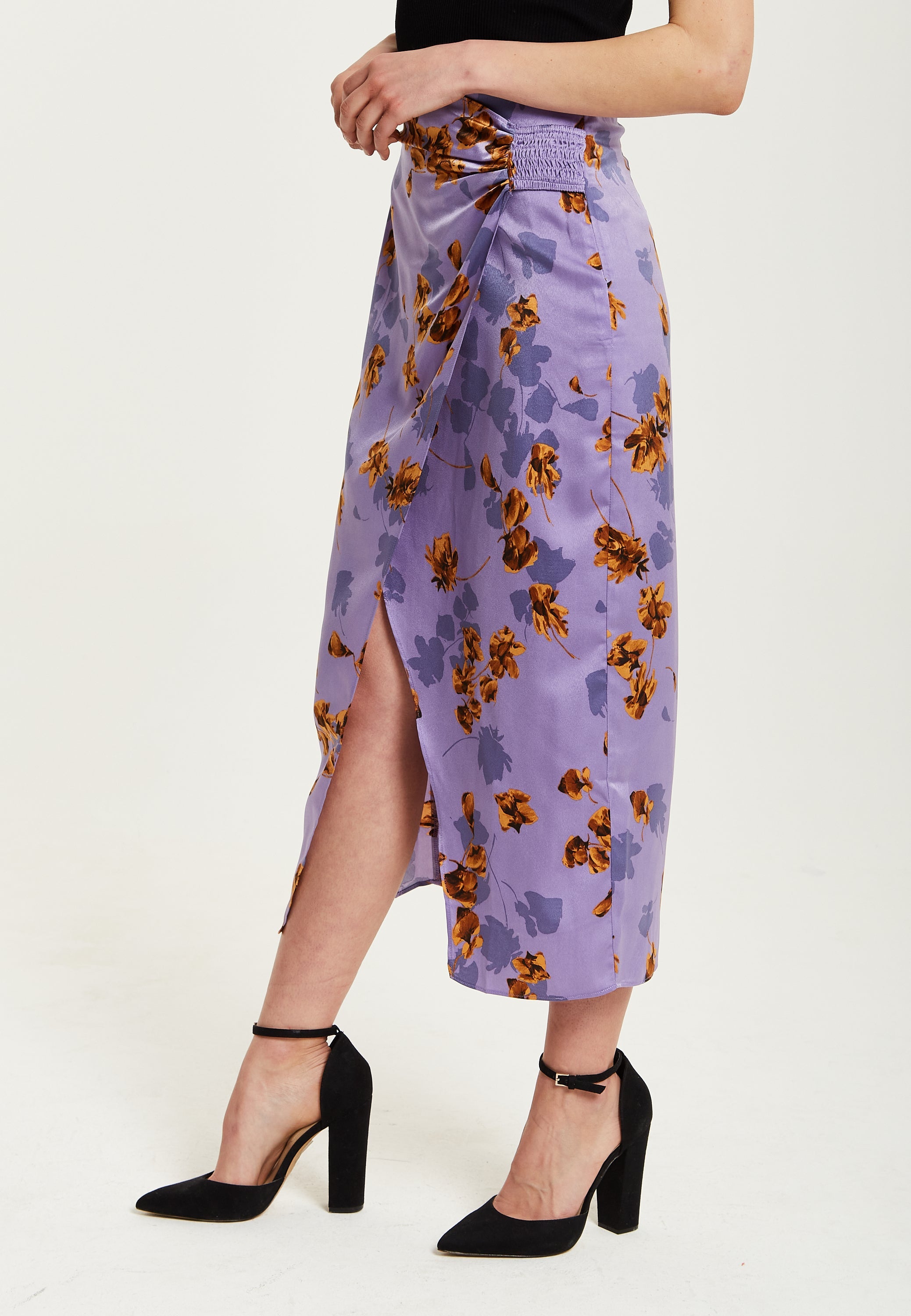 Women's Purple Floral Midi Skirt with Ruching Detail and Front Slit, Regular Fit, by Liquorish