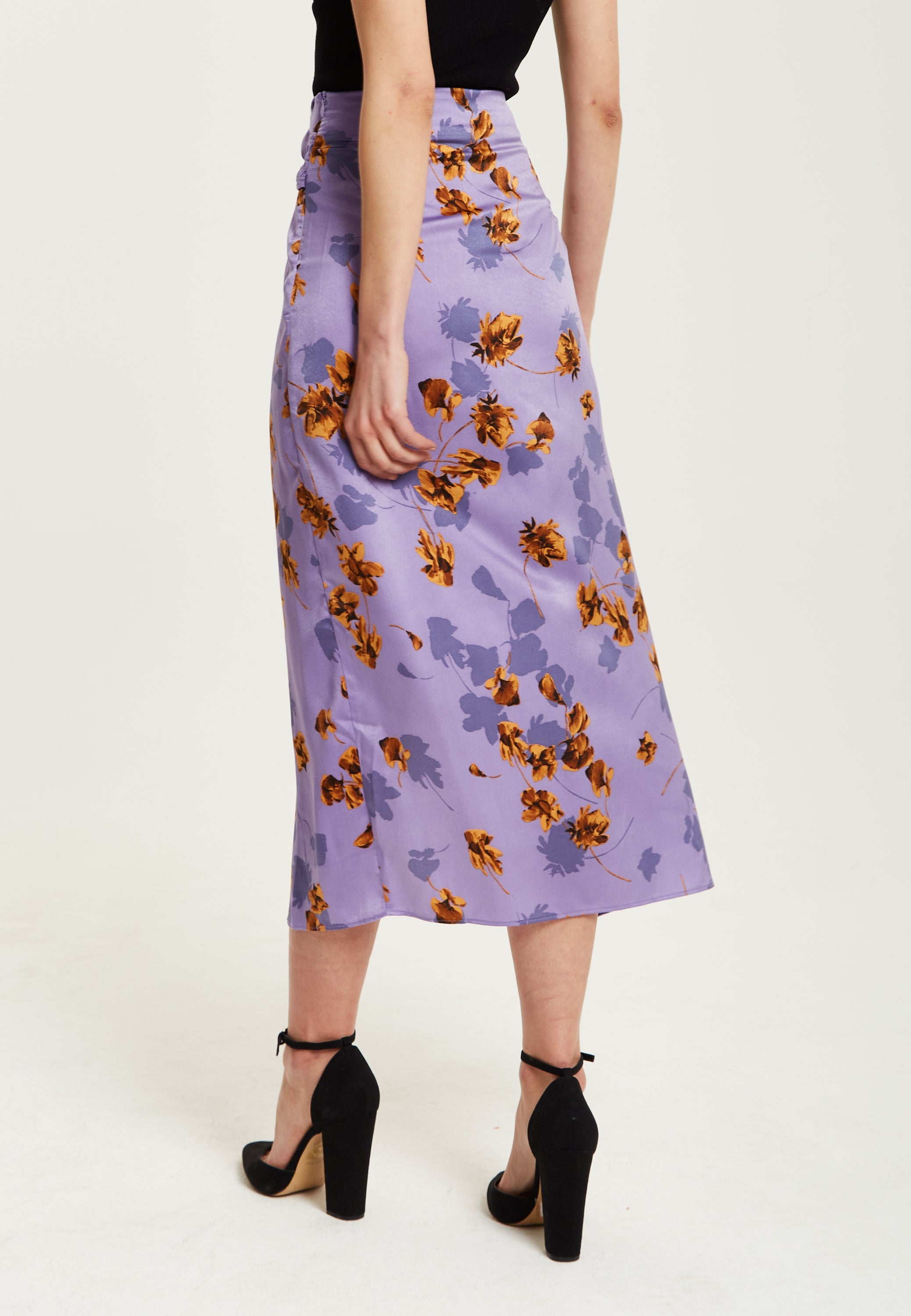 Women's Purple Floral Midi Skirt with Ruching Detail and Front Slit, Regular Fit, by Liquorish