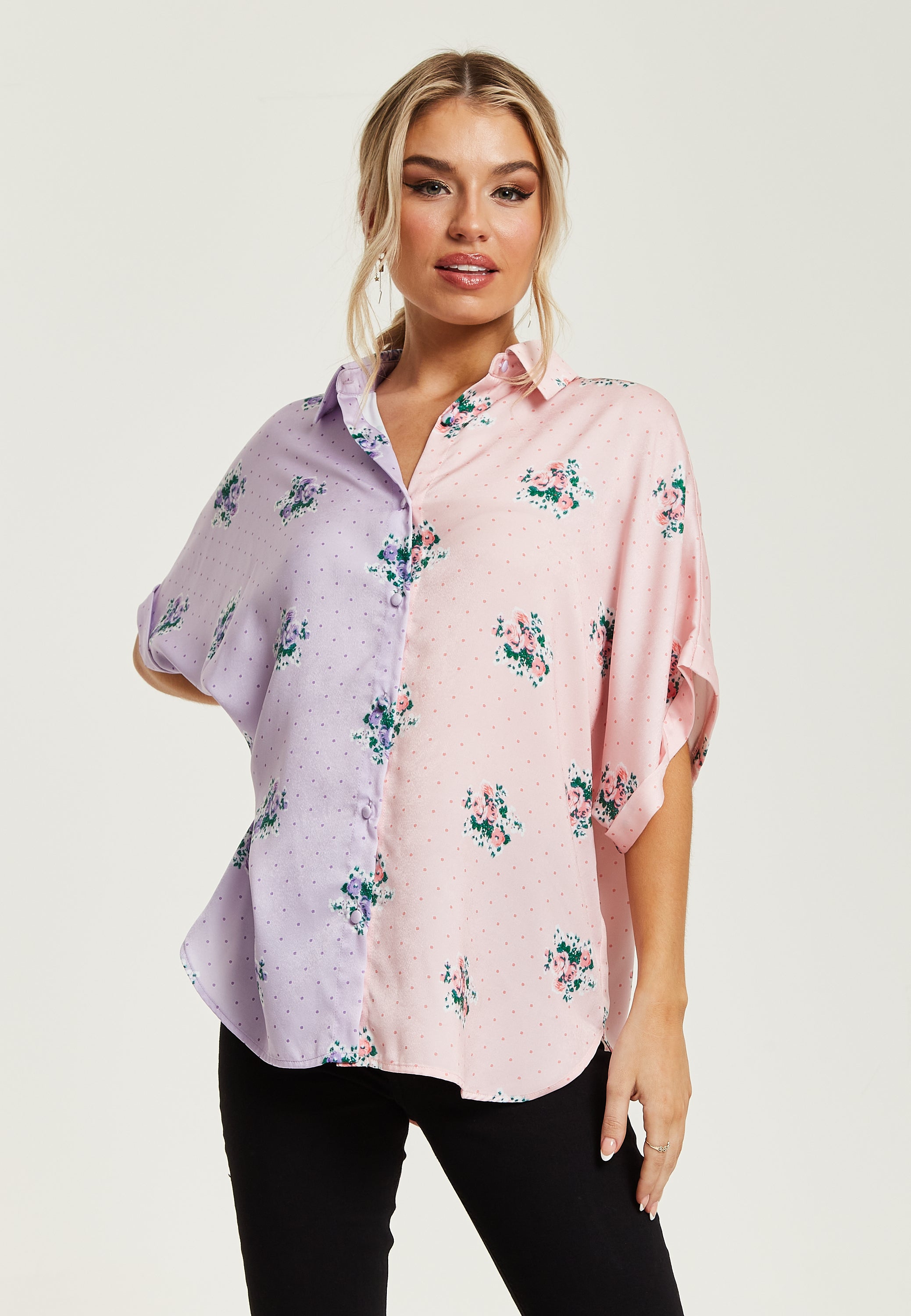 Women's Pink And Lilac Floral Print Shirt With Short Sleeves, Button Up Front, Regular Fit, Shirt Collar