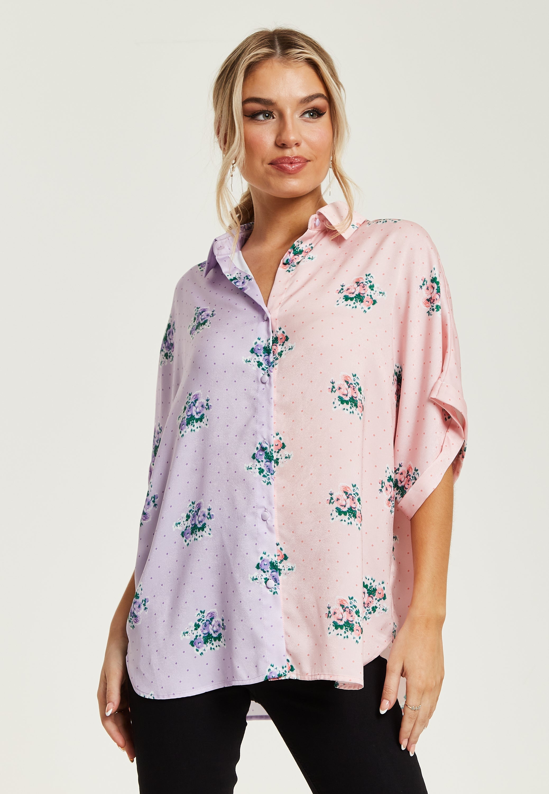 Women's Pink And Lilac Floral Print Shirt With Short Sleeves, Button Up Front, Regular Fit, Shirt Collar