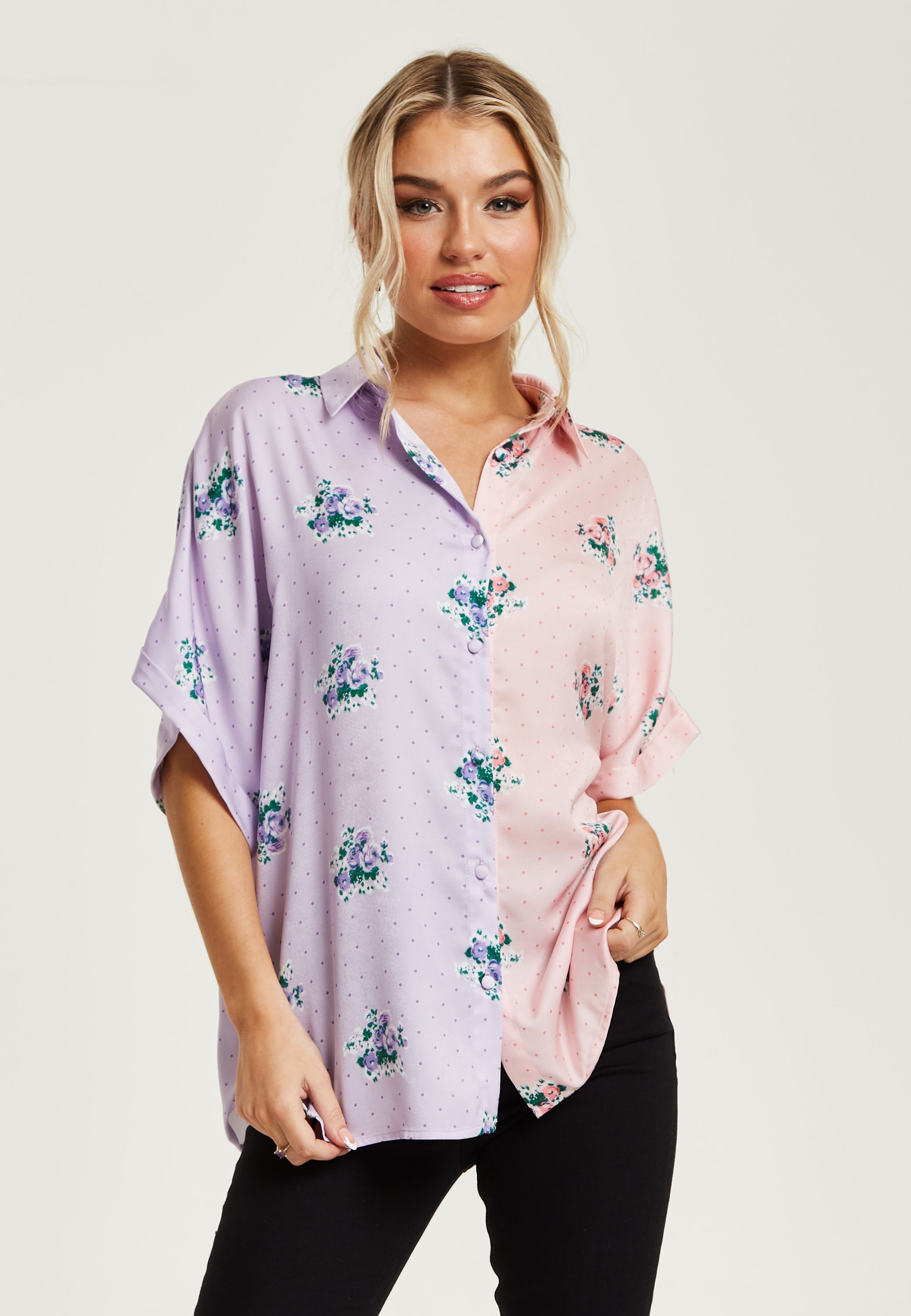 Women's Pink And Lilac Floral Print Shirt With Short Sleeves, Button Up Front, Regular Fit, Shirt Collar